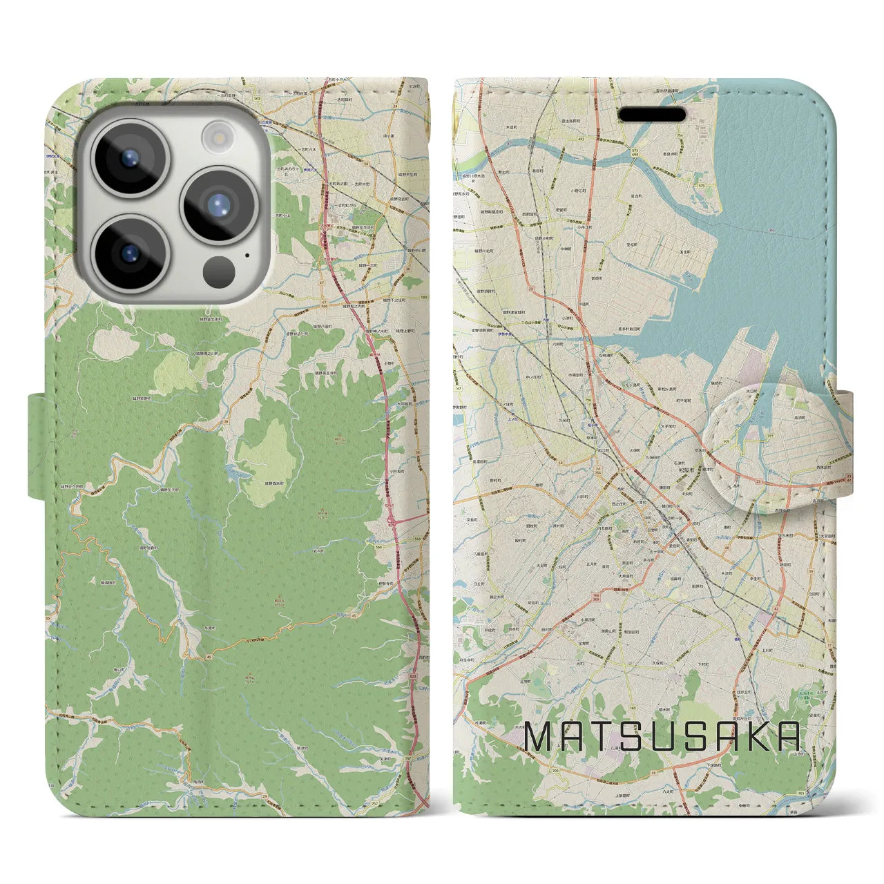 【松阪(三重県)】地図柄iPhoneケース(手帳タイプ)ナチュラル・iPhone 15 Pro 用
