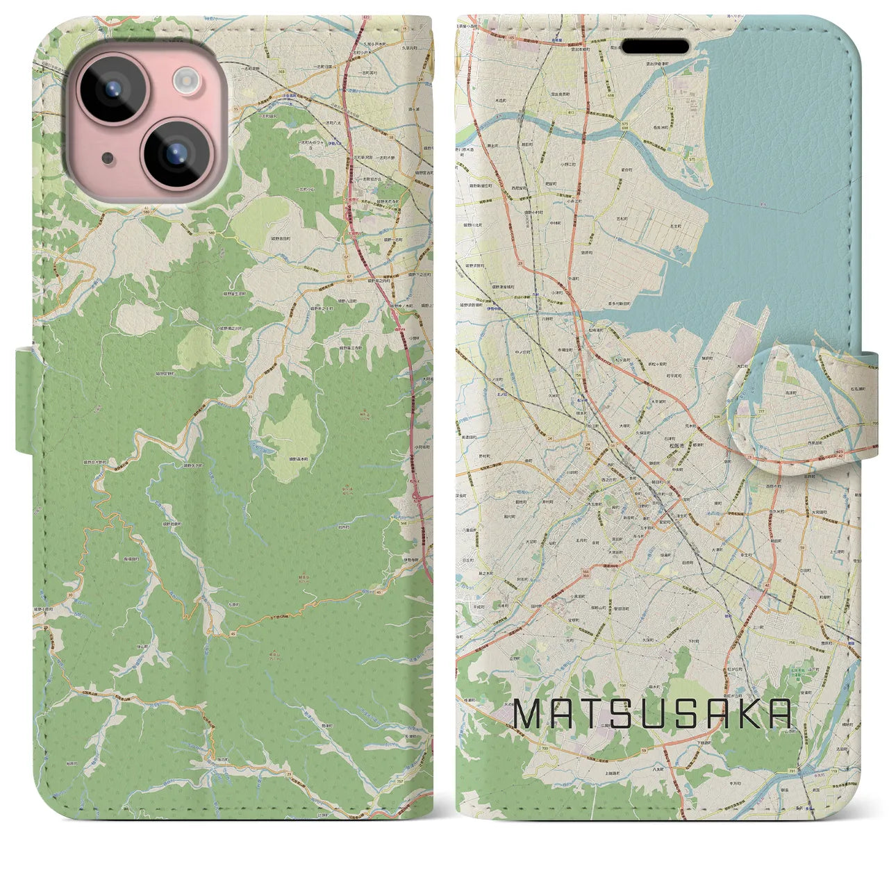 【松阪(三重県)】地図柄iPhoneケース(手帳タイプ)ナチュラル・iPhone 15 Plus 用