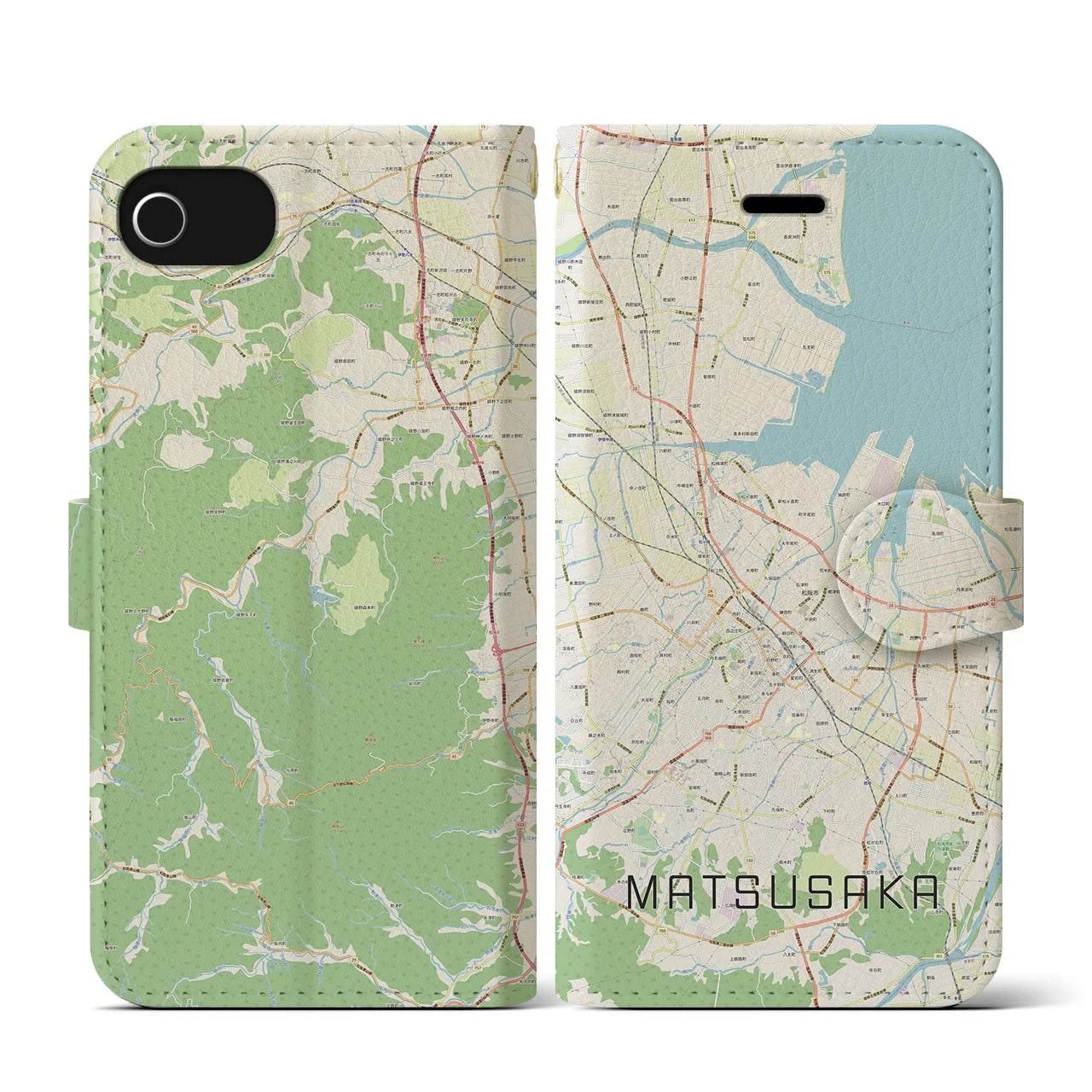 【松阪(三重県)】地図柄iPhoneケース(手帳タイプ)ナチュラル・iPhone SE(第3 / 第2世代) / 8 / 7 / 6s / 6 用