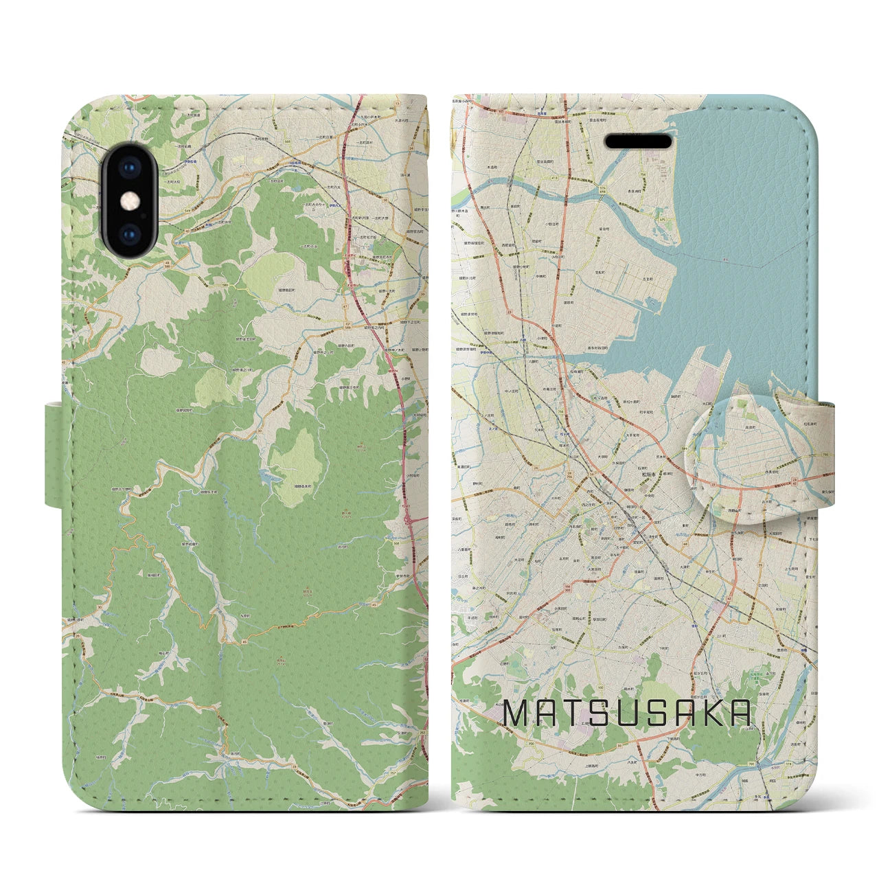 【松阪(三重県)】地図柄iPhoneケース(手帳タイプ)ナチュラル・iPhone XS / X 用
