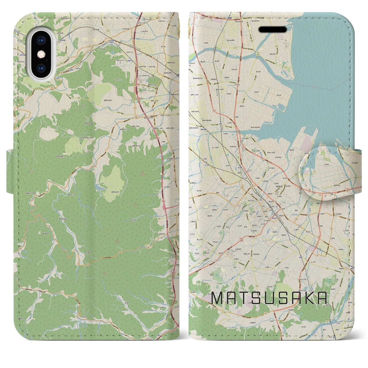 【松阪(三重県)】地図柄iPhoneケース(手帳タイプ)ナチュラル・iPhone XS Max 用