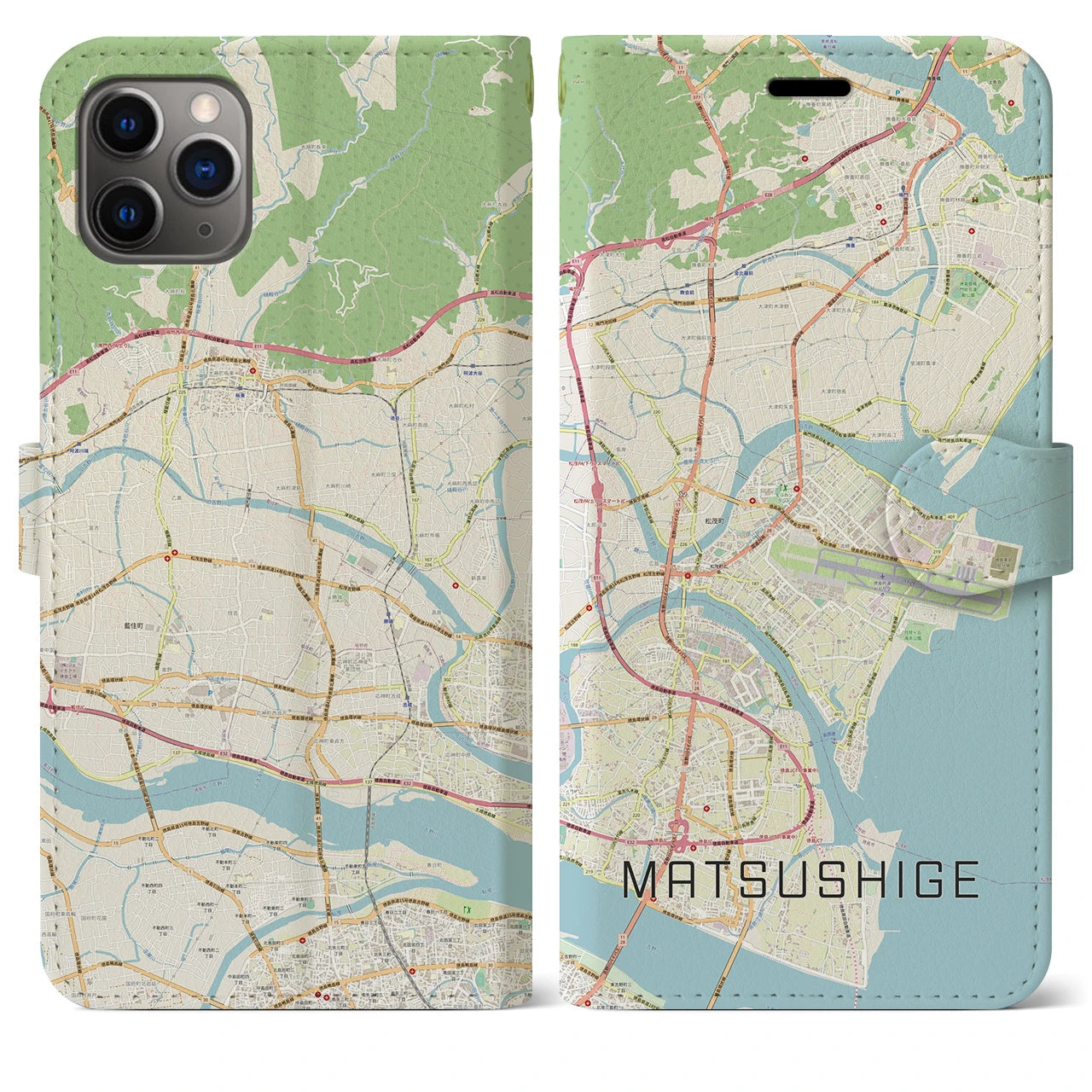 【松茂(徳島県)】地図柄iPhoneケース(手帳タイプ)ナチュラル・iPhone 11 Pro Max 用
