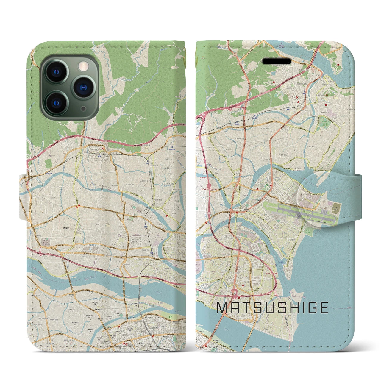 【松茂(徳島県)】地図柄iPhoneケース(手帳タイプ)ナチュラル・iPhone 11 Pro 用