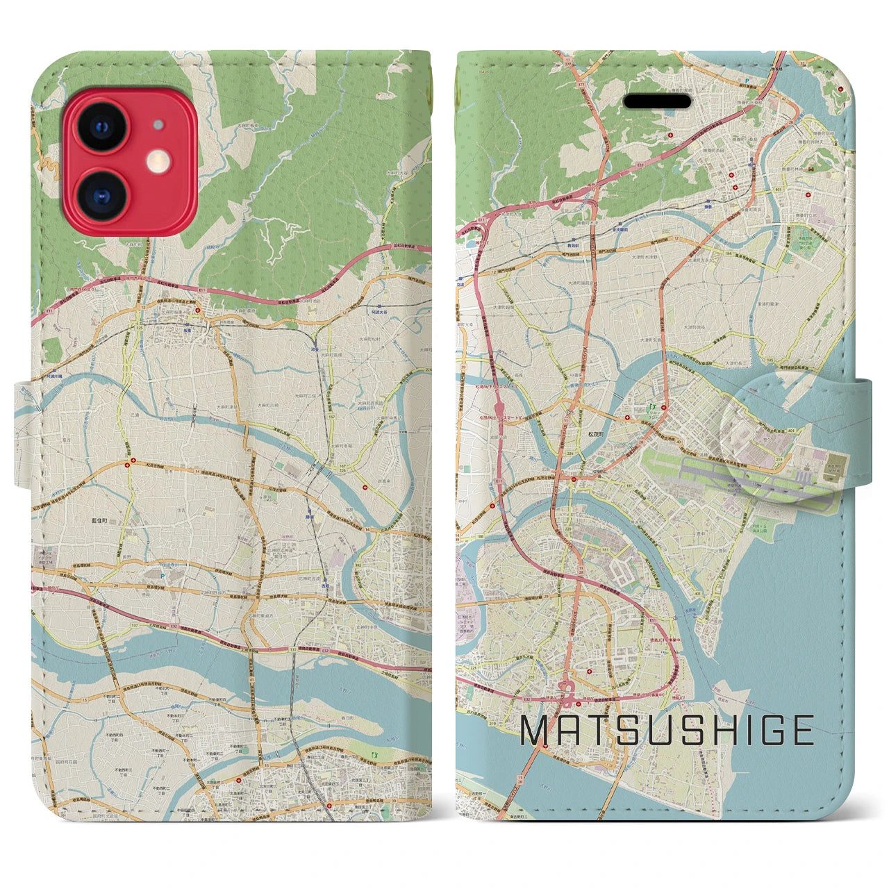 【松茂(徳島県)】地図柄iPhoneケース(手帳タイプ)ナチュラル・iPhone 11 用