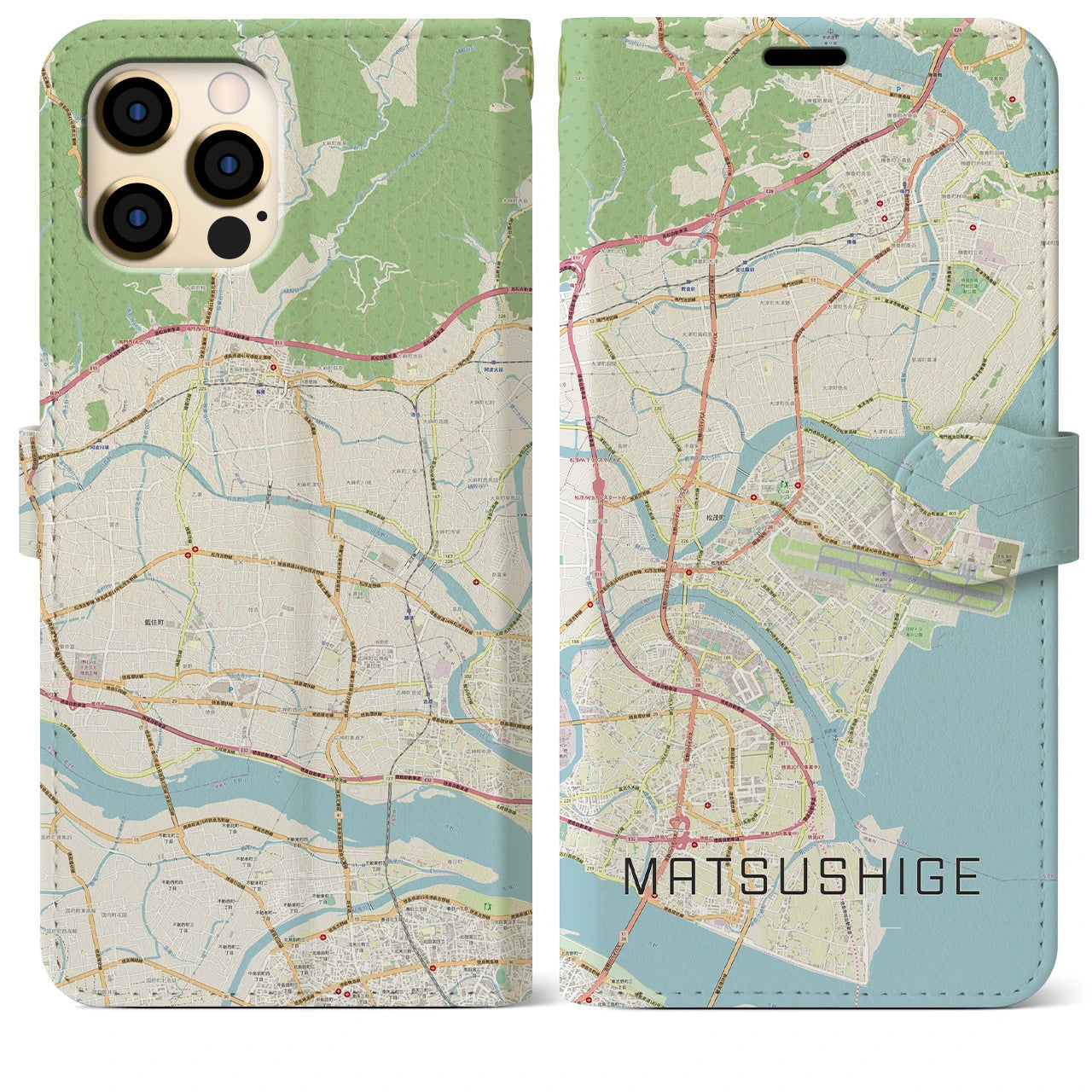 【松茂(徳島県)】地図柄iPhoneケース(手帳タイプ)ナチュラル・iPhone 12 Pro Max 用
