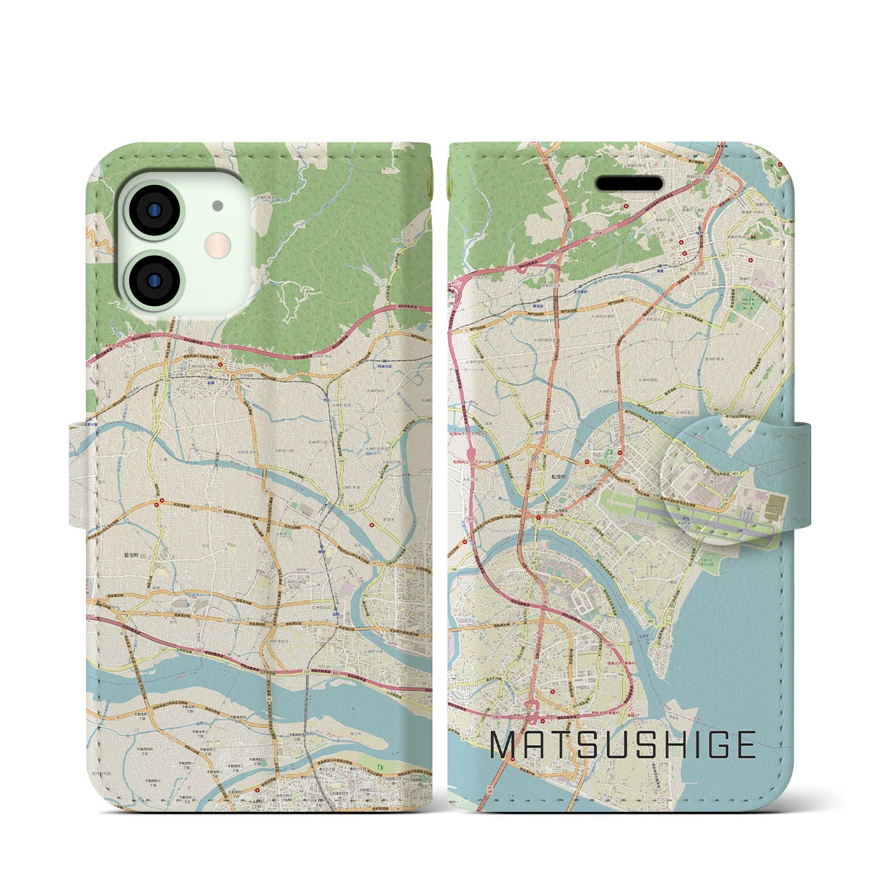 【松茂(徳島県)】地図柄iPhoneケース(手帳タイプ)ナチュラル・iPhone 12 mini 用