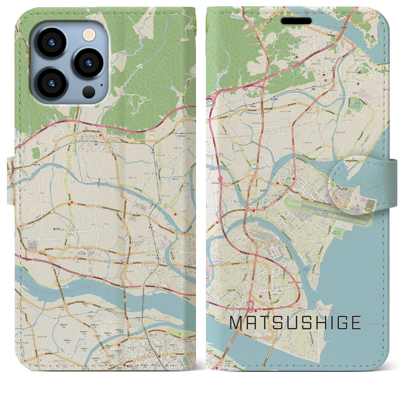 【松茂(徳島県)】地図柄iPhoneケース(手帳タイプ)ナチュラル・iPhone 13 Pro Max 用
