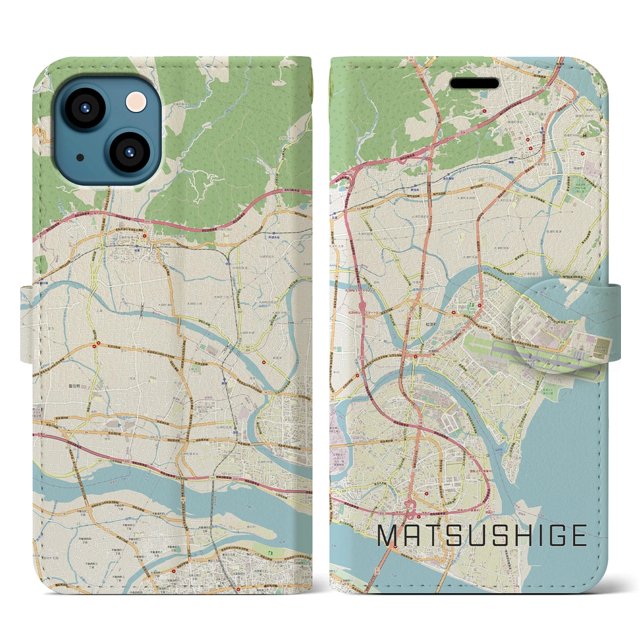 【松茂(徳島県)】地図柄iPhoneケース(手帳タイプ)ナチュラル・iPhone 13 用