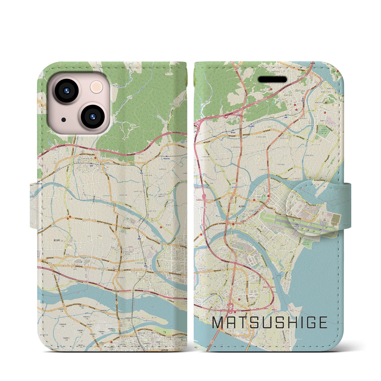 【松茂(徳島県)】地図柄iPhoneケース(手帳タイプ)ナチュラル・iPhone 13 mini 用