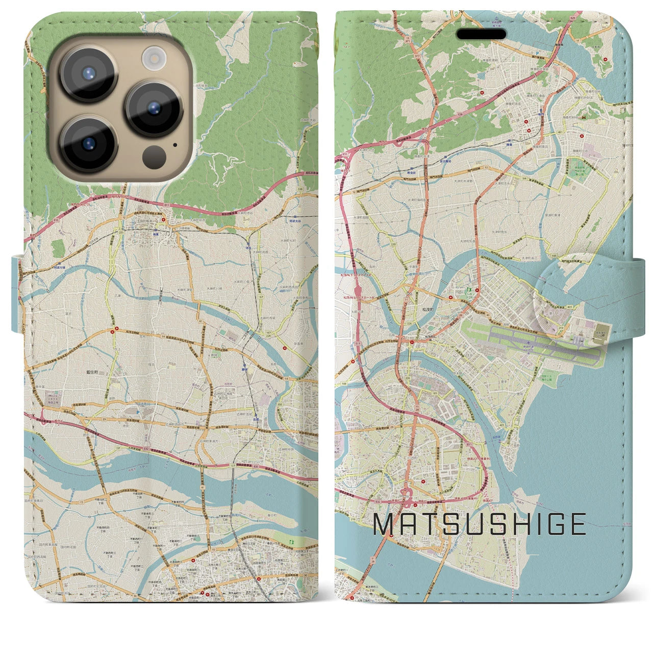 【松茂(徳島県)】地図柄iPhoneケース(手帳タイプ)ナチュラル・iPhone 14 Pro Max 用
