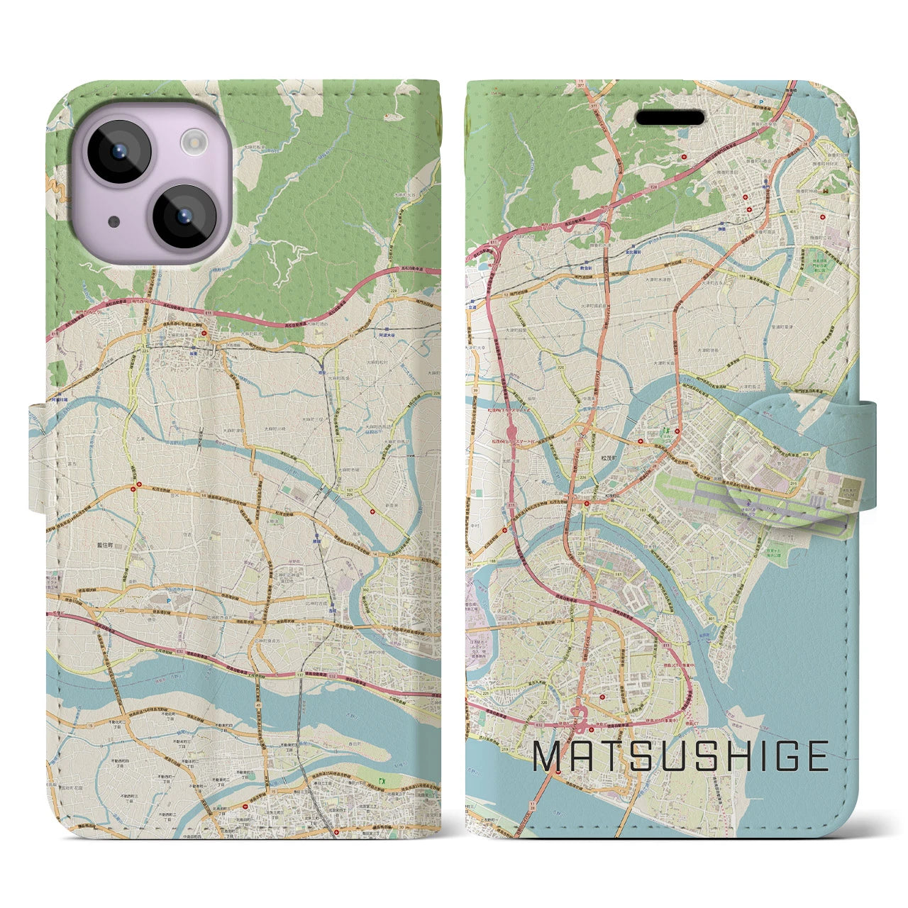 【松茂(徳島県)】地図柄iPhoneケース(手帳タイプ)ナチュラル・iPhone 14 用