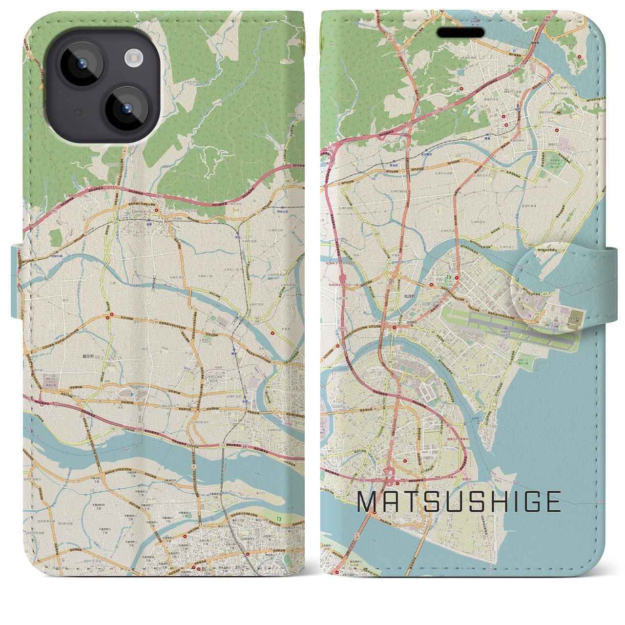 【松茂(徳島県)】地図柄iPhoneケース(手帳タイプ)ナチュラル・iPhone 14 Plus 用