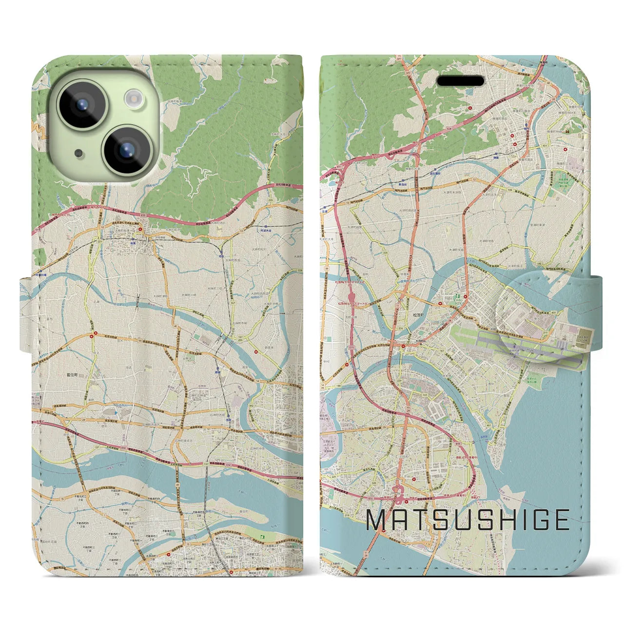 【松茂(徳島県)】地図柄iPhoneケース(手帳タイプ)ナチュラル・iPhone 15 用