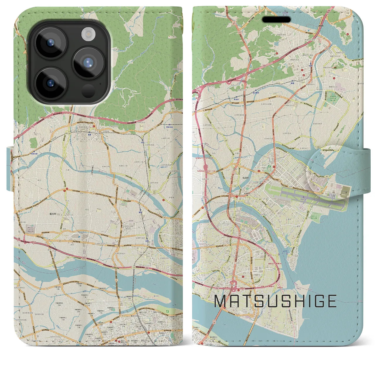 【松茂(徳島県)】地図柄iPhoneケース(手帳タイプ)ナチュラル・iPhone 15 Pro Max 用
