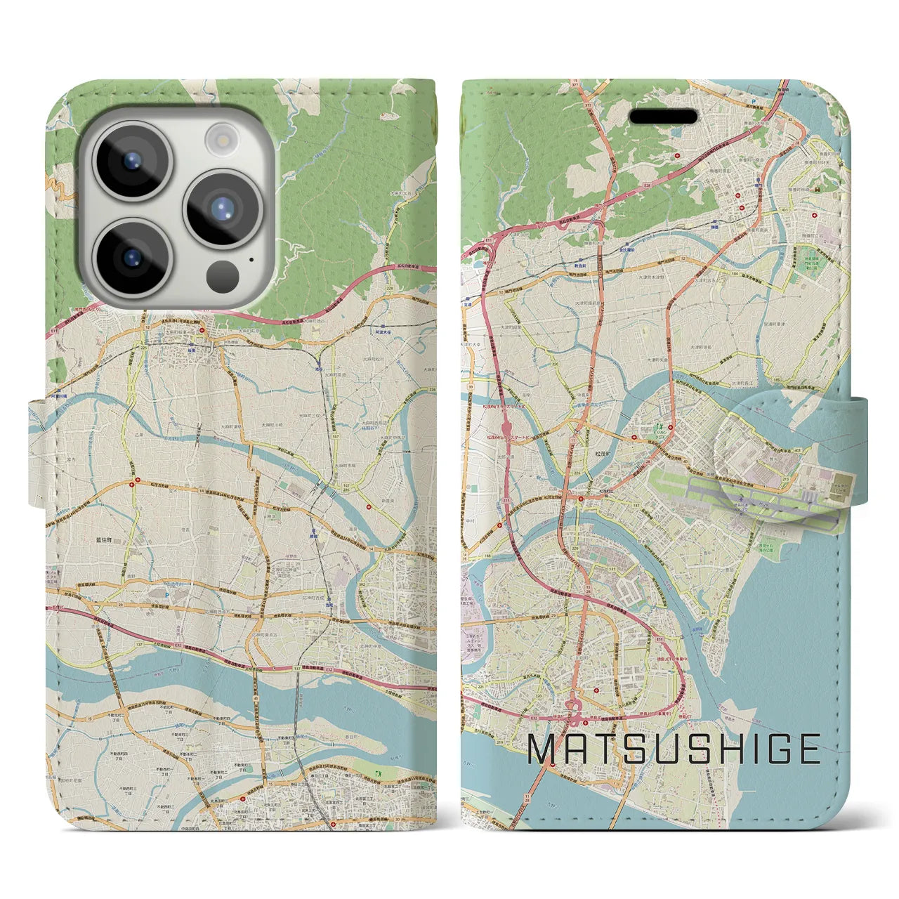 【松茂(徳島県)】地図柄iPhoneケース(手帳タイプ)ナチュラル・iPhone 15 Pro 用