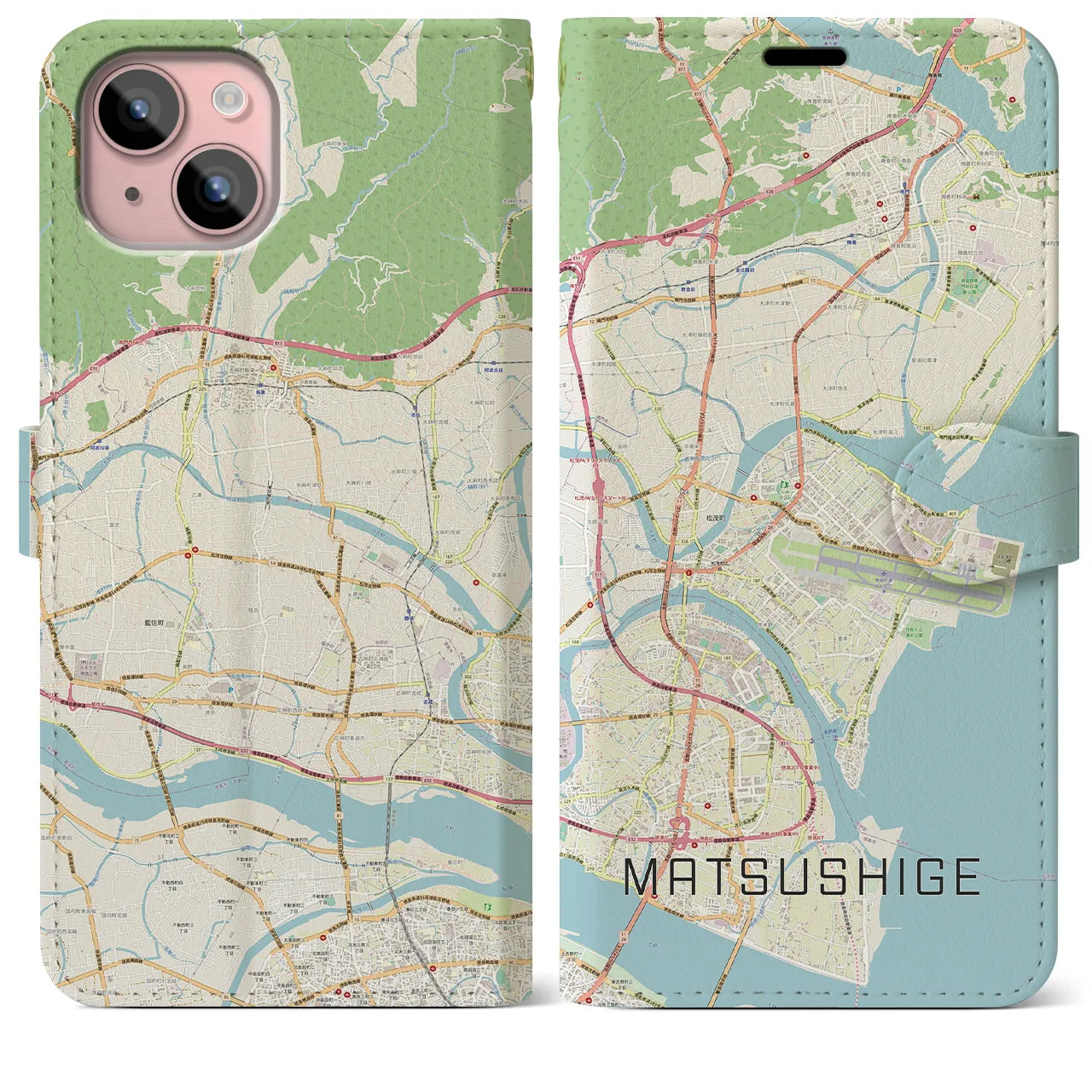 【松茂(徳島県)】地図柄iPhoneケース(手帳タイプ)ナチュラル・iPhone 15 Plus 用