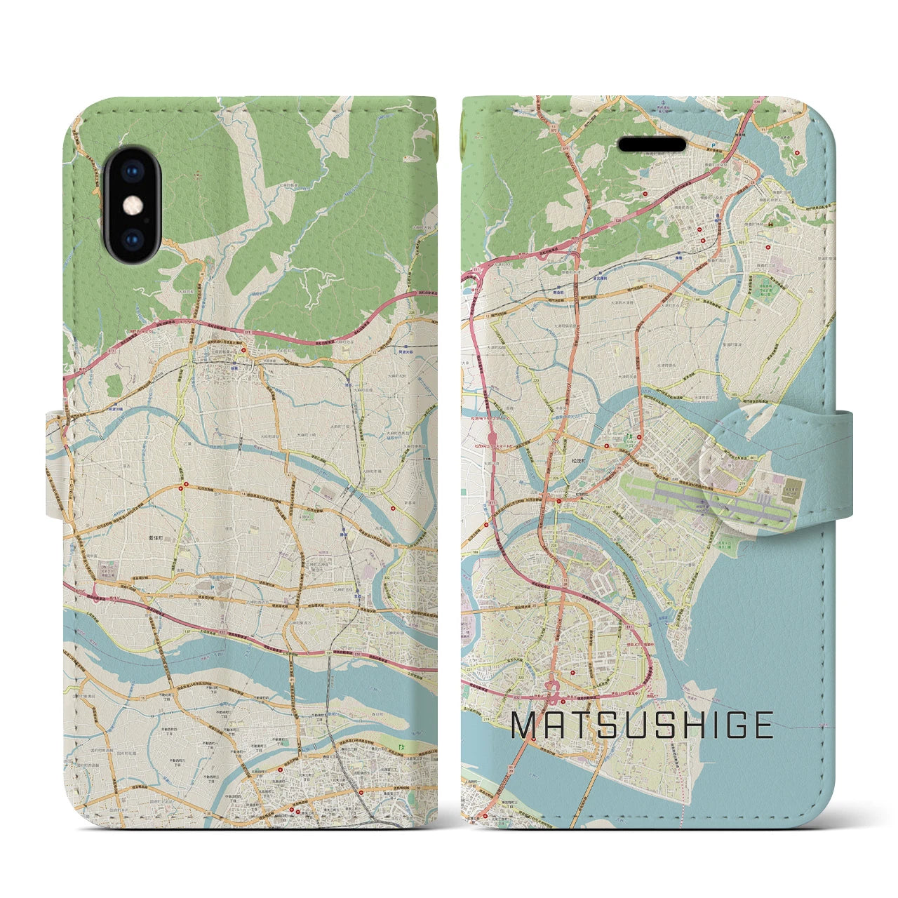 【松茂(徳島県)】地図柄iPhoneケース(手帳タイプ)ナチュラル・iPhone XS / X 用