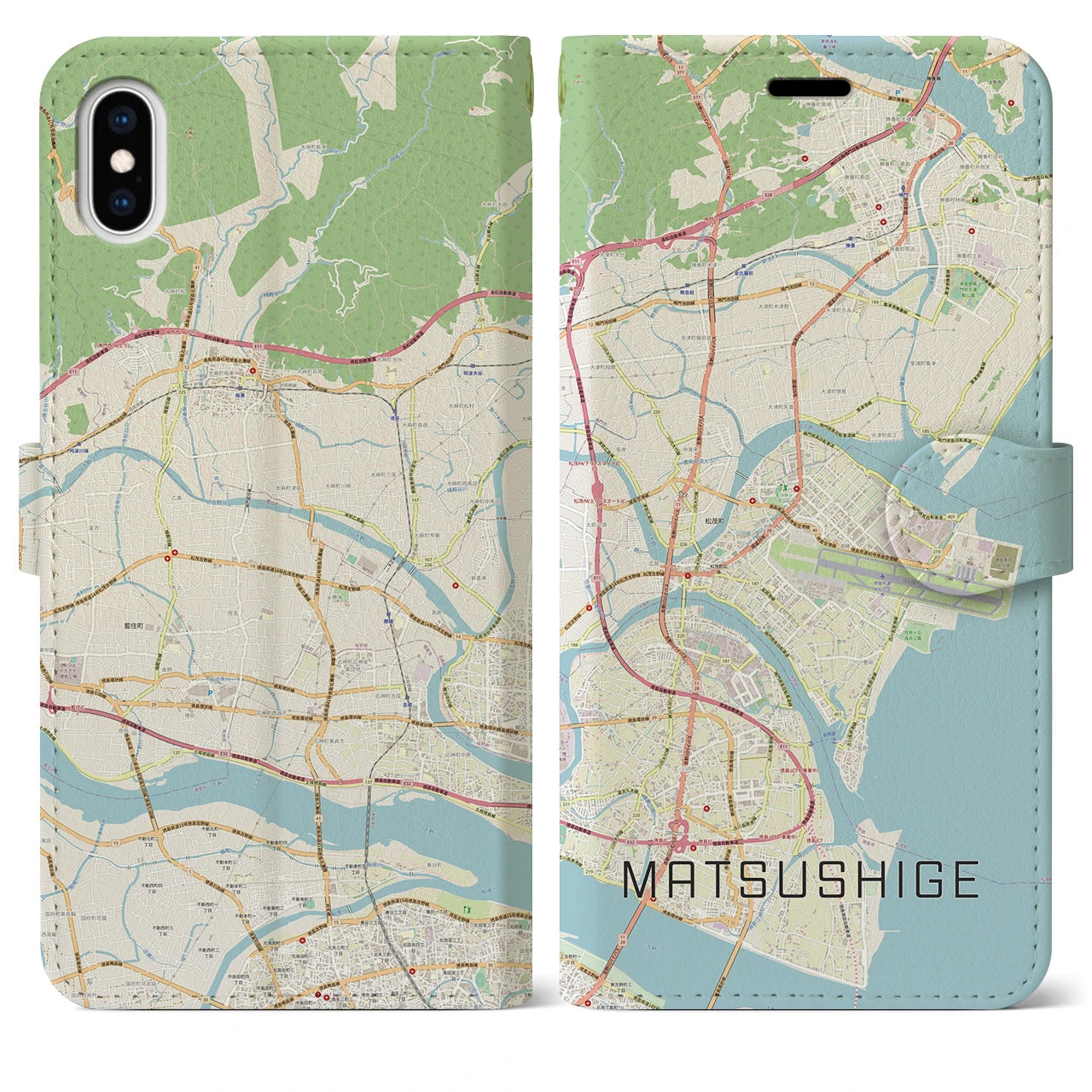 【松茂(徳島県)】地図柄iPhoneケース(手帳タイプ)ナチュラル・iPhone XS Max 用