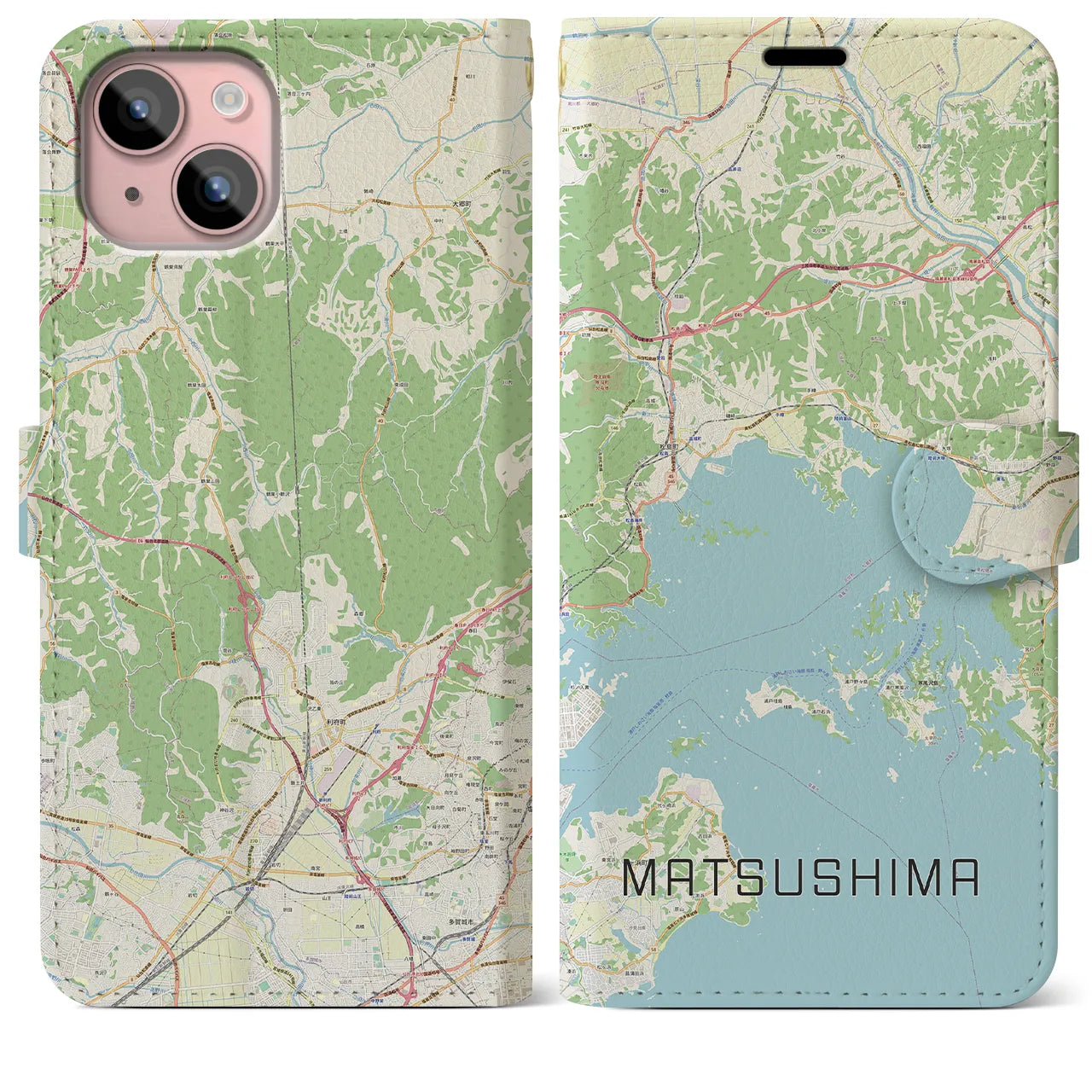 【松島(宮城県)】地図柄iPhoneケース(手帳タイプ)ナチュラル・iPhone 15 Plus 用