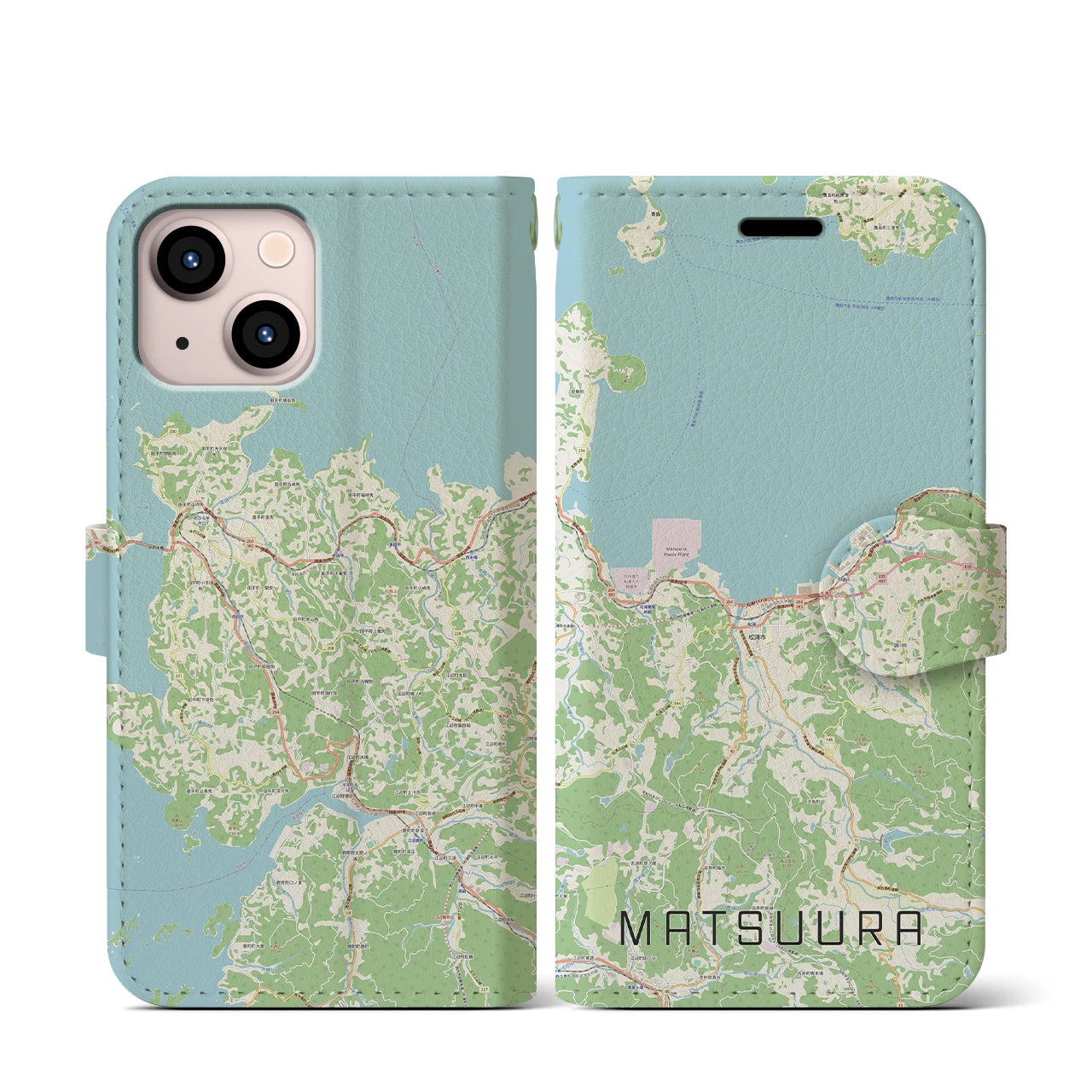 【松浦(長崎県)】地図柄iPhoneケース(手帳タイプ)ナチュラル・iPhone 13 mini 用