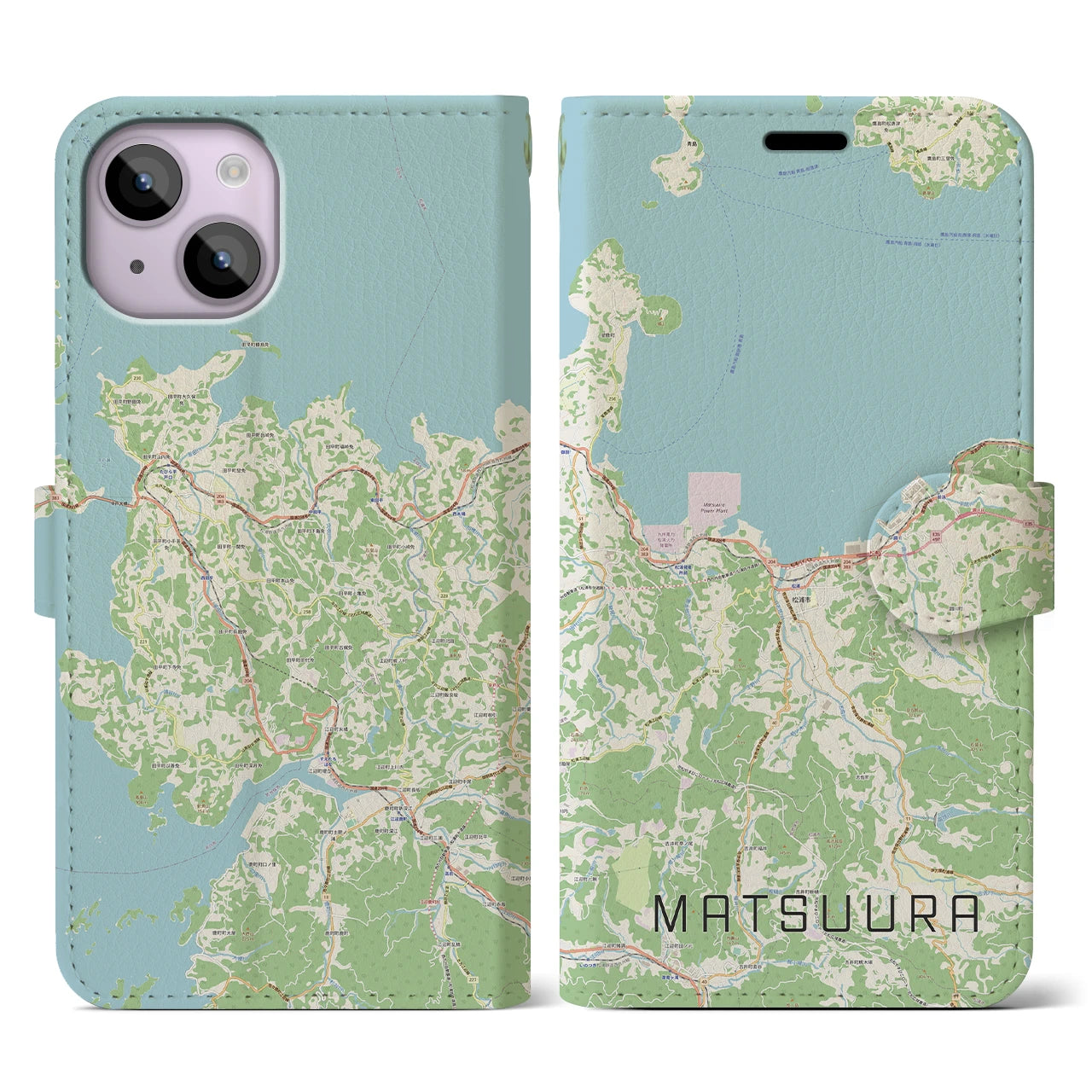 【松浦(長崎県)】地図柄iPhoneケース(手帳タイプ)ナチュラル・iPhone 14 用