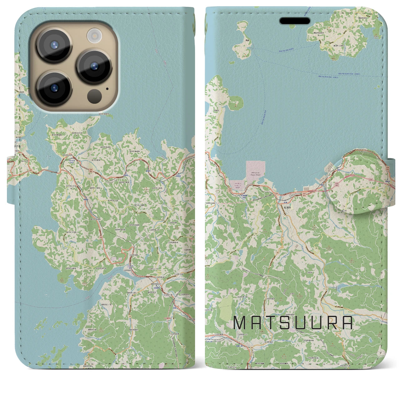 【松浦(長崎県)】地図柄iPhoneケース(手帳タイプ)ナチュラル・iPhone 14 Pro Max 用