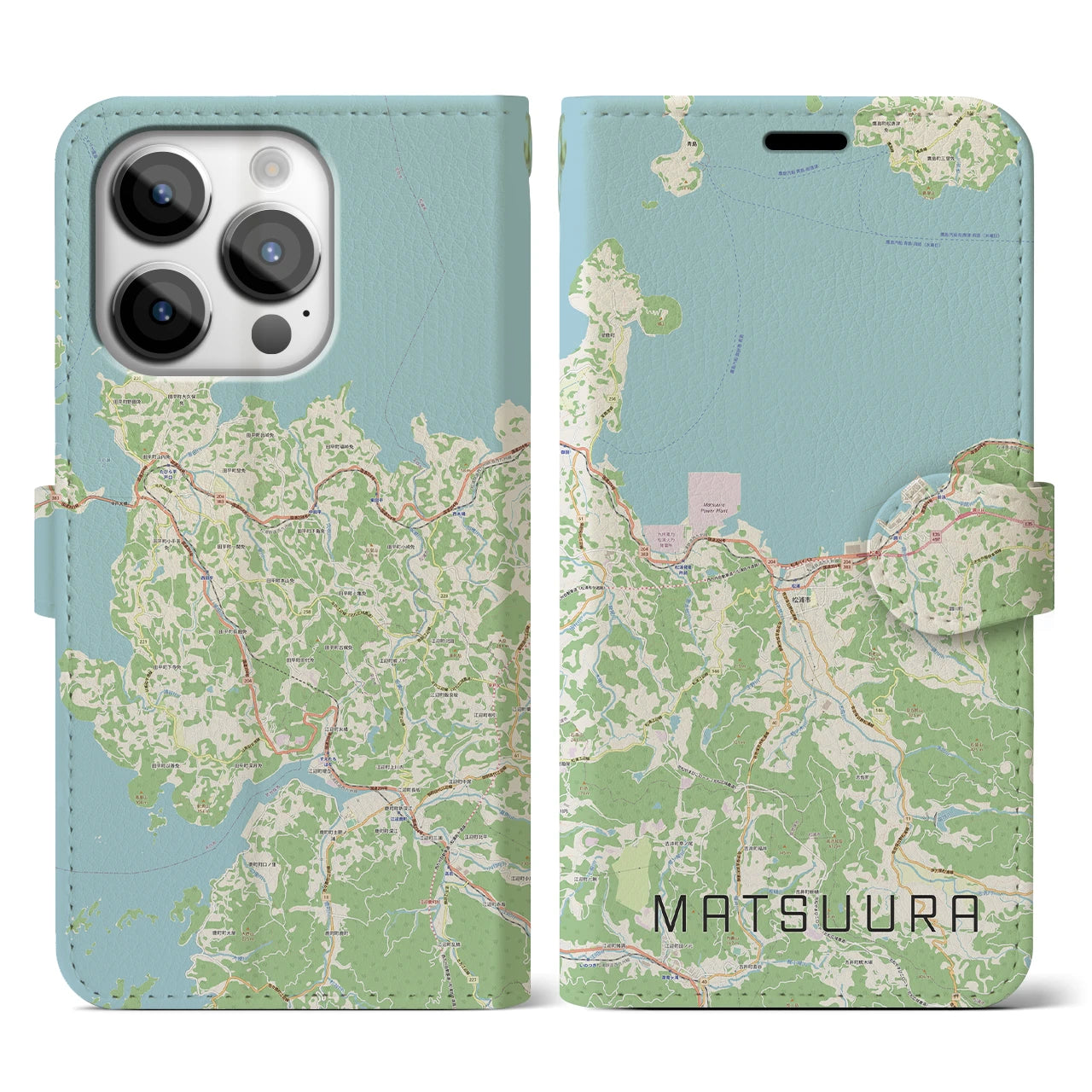 【松浦(長崎県)】地図柄iPhoneケース(手帳タイプ)ナチュラル・iPhone 14 Pro 用