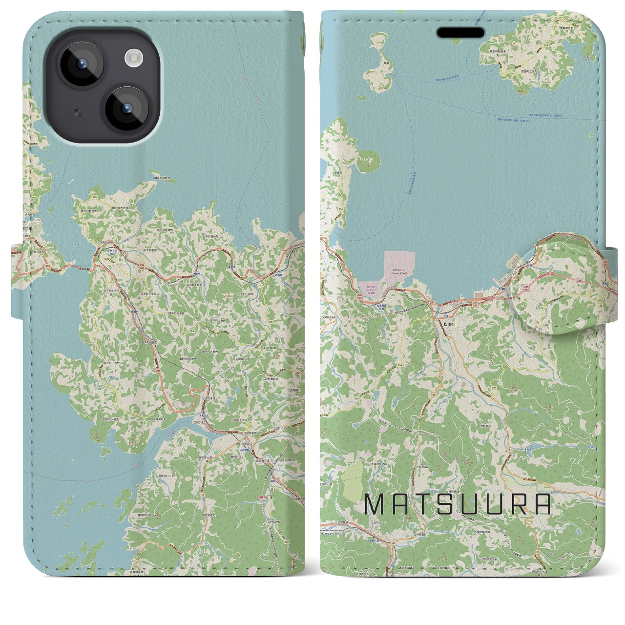 【松浦(長崎県)】地図柄iPhoneケース(手帳タイプ)ナチュラル・iPhone 14 Plus 用