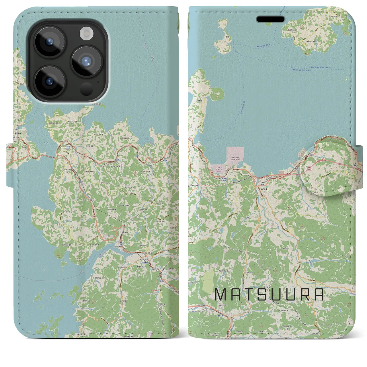 【松浦(長崎県)】地図柄iPhoneケース(手帳タイプ)ナチュラル・iPhone 15 Pro Max 用