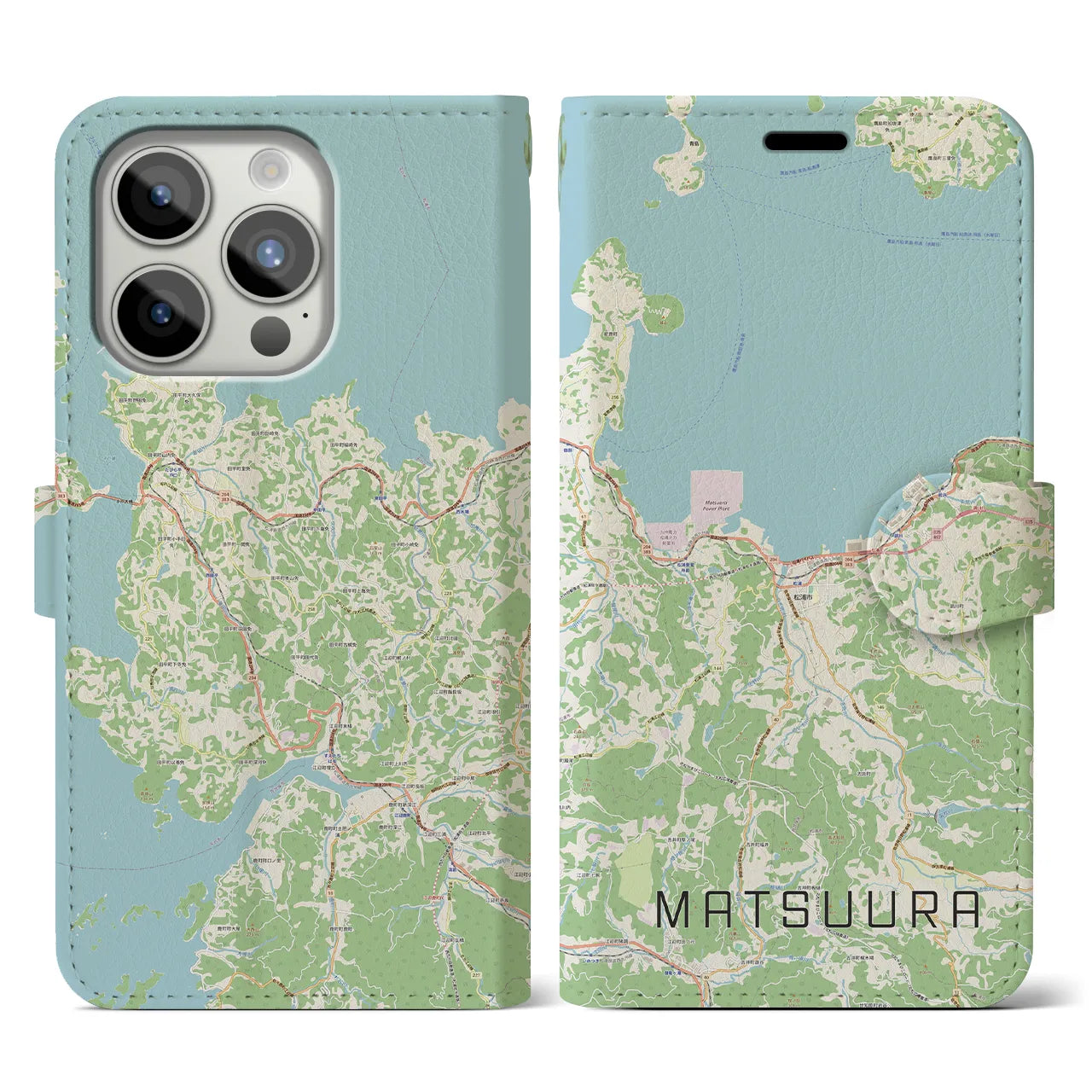 【松浦(長崎県)】地図柄iPhoneケース(手帳タイプ)ナチュラル・iPhone 15 Pro 用