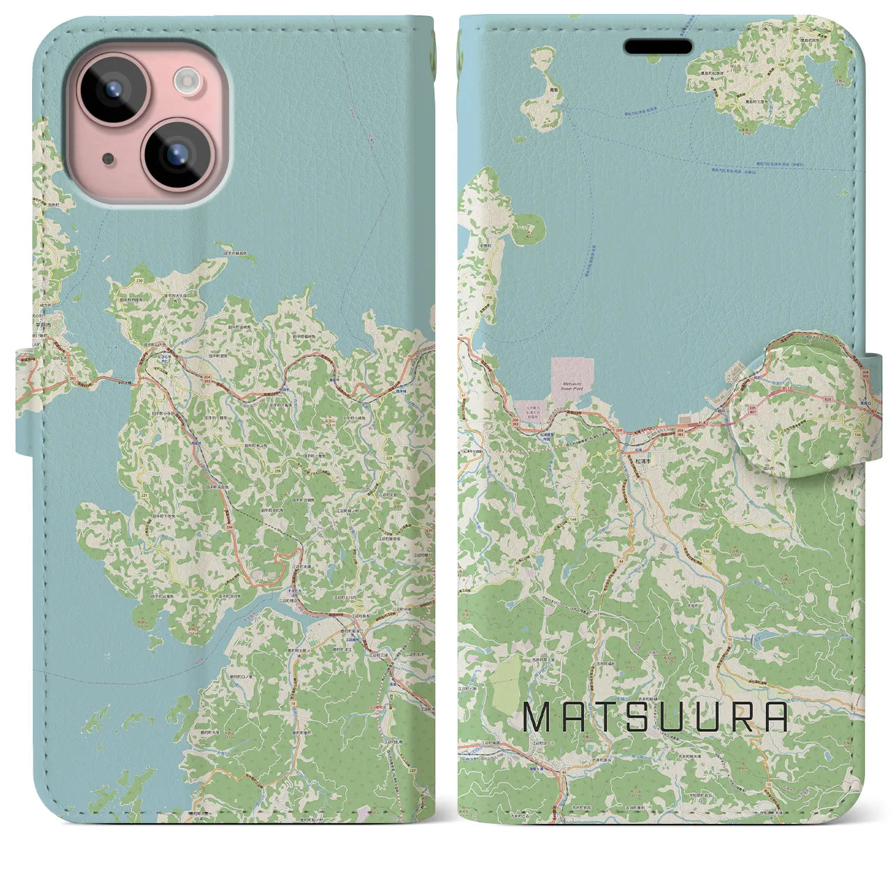 【松浦(長崎県)】地図柄iPhoneケース(手帳タイプ)ナチュラル・iPhone 15 Plus 用