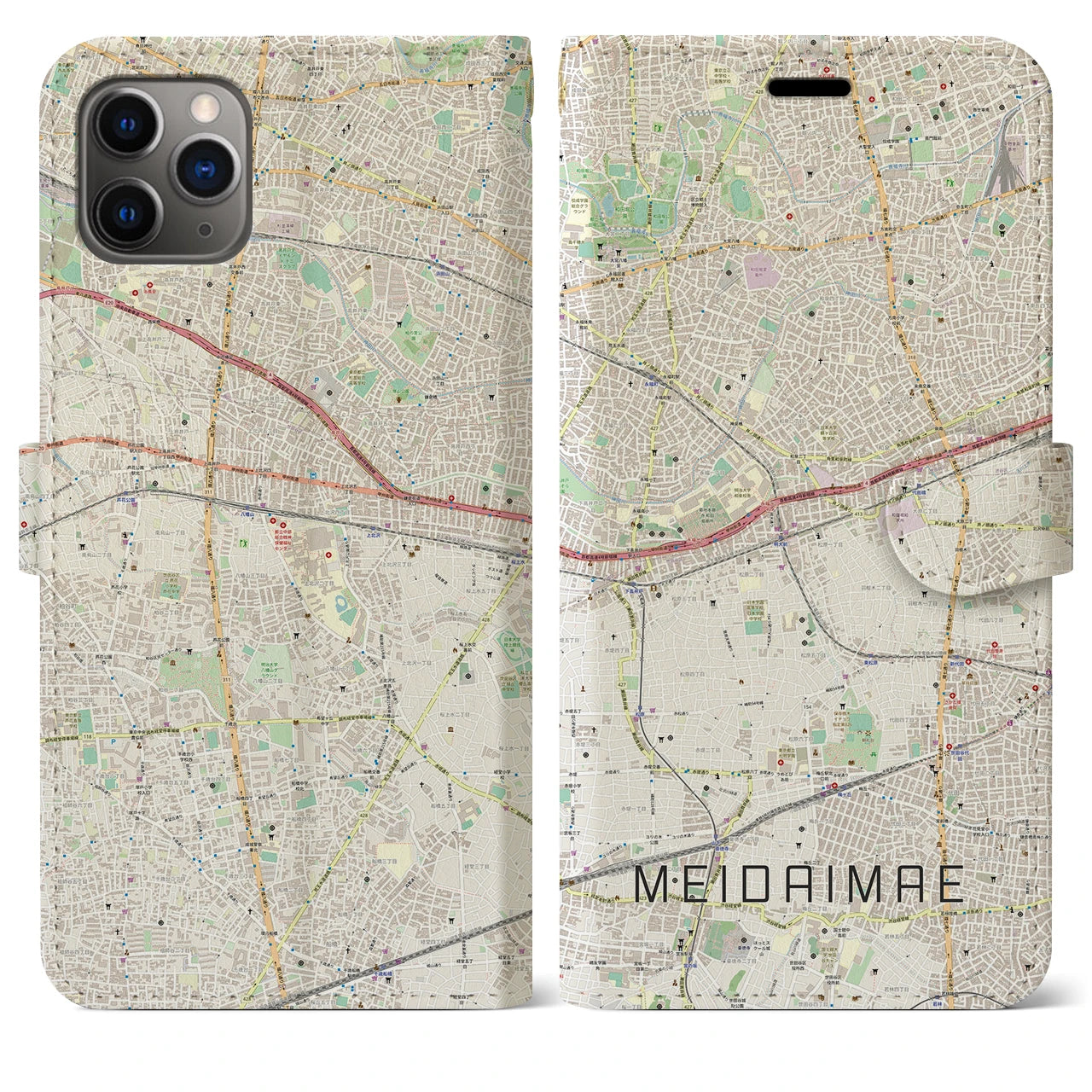 【明大前(東京都)】地図柄iPhoneケース(手帳タイプ)ナチュラル・iPhone 11 Pro Max 用