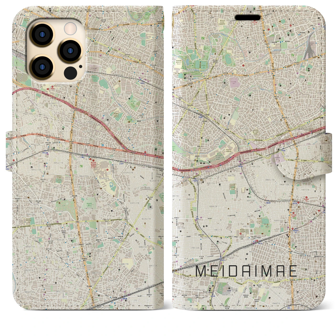【明大前(東京都)】地図柄iPhoneケース(手帳タイプ)ナチュラル・iPhone 12 Pro Max 用