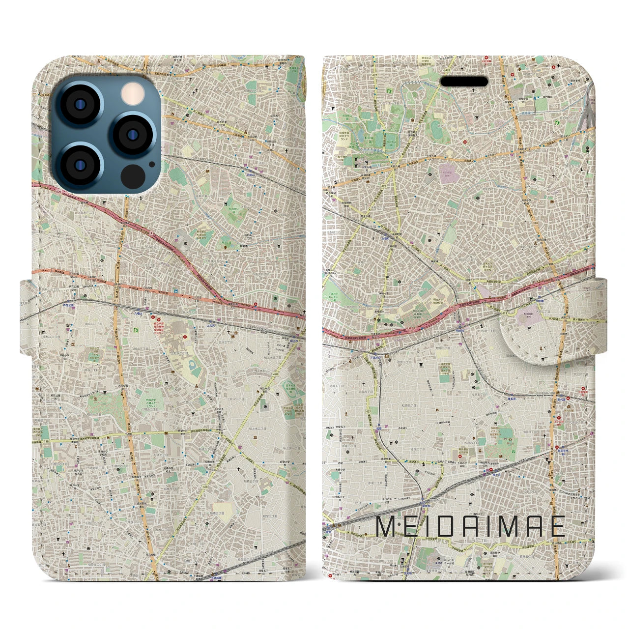 【明大前(東京都)】地図柄iPhoneケース(手帳タイプ)ナチュラル・iPhone 12 / 12 Pro 用