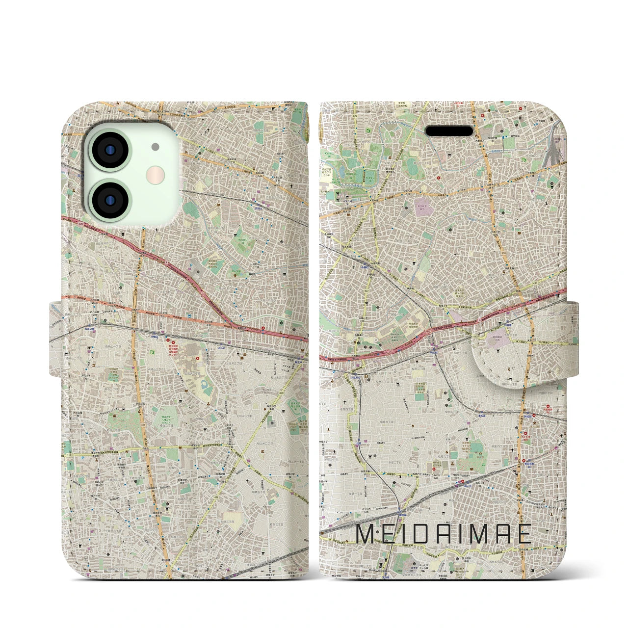 【明大前(東京都)】地図柄iPhoneケース(手帳タイプ)ナチュラル・iPhone 12 mini 用