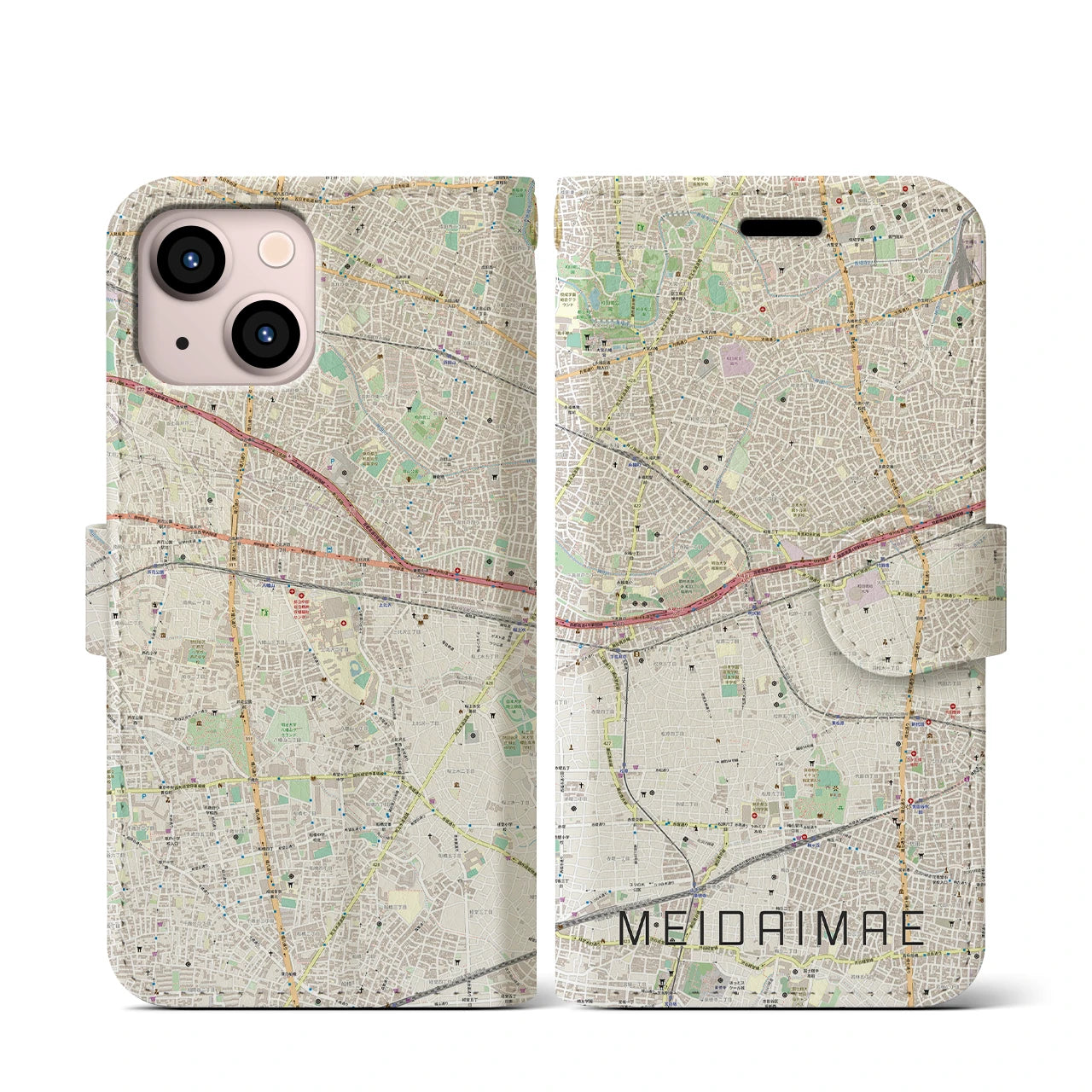 【明大前(東京都)】地図柄iPhoneケース(手帳タイプ)ナチュラル・iPhone 13 mini 用