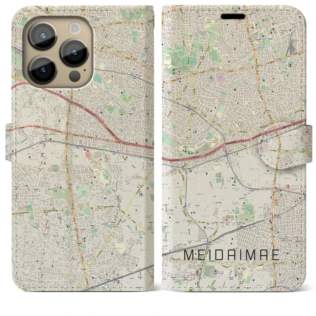 【明大前(東京都)】地図柄iPhoneケース(手帳タイプ)ナチュラル・iPhone 14 Pro Max 用