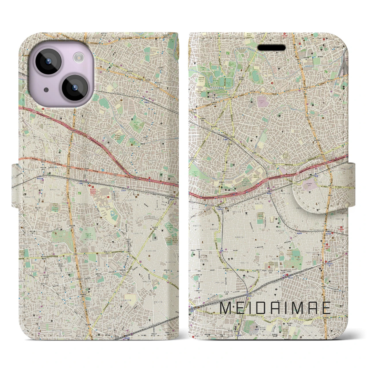 【明大前(東京都)】地図柄iPhoneケース(手帳タイプ)ナチュラル・iPhone 14 用
