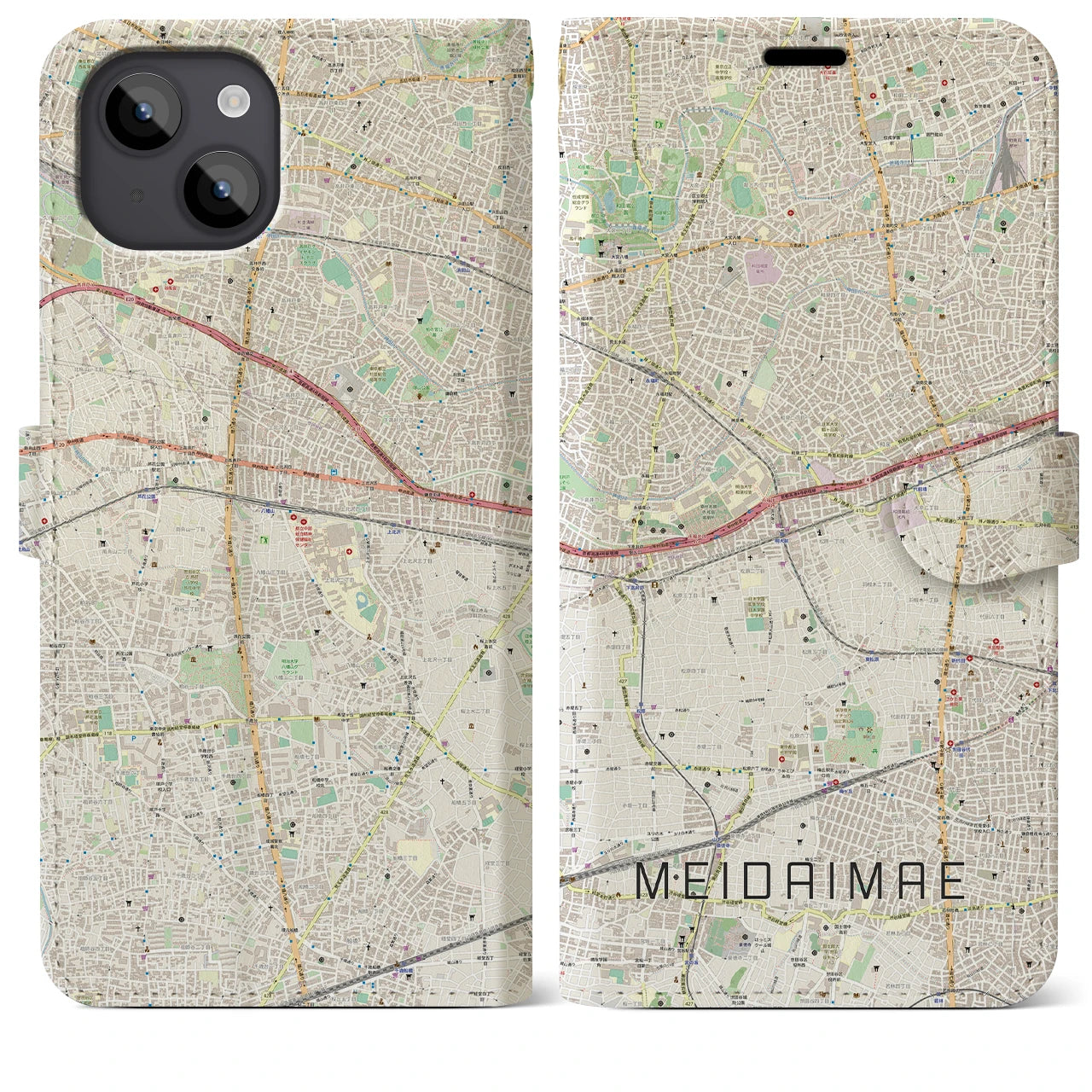 【明大前(東京都)】地図柄iPhoneケース(手帳タイプ)ナチュラル・iPhone 14 Plus 用