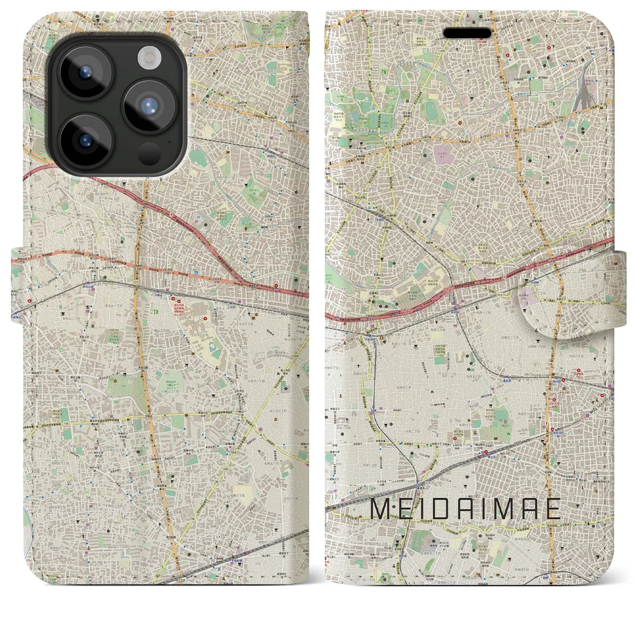 【明大前(東京都)】地図柄iPhoneケース(手帳タイプ)ナチュラル・iPhone 15 Pro Max 用