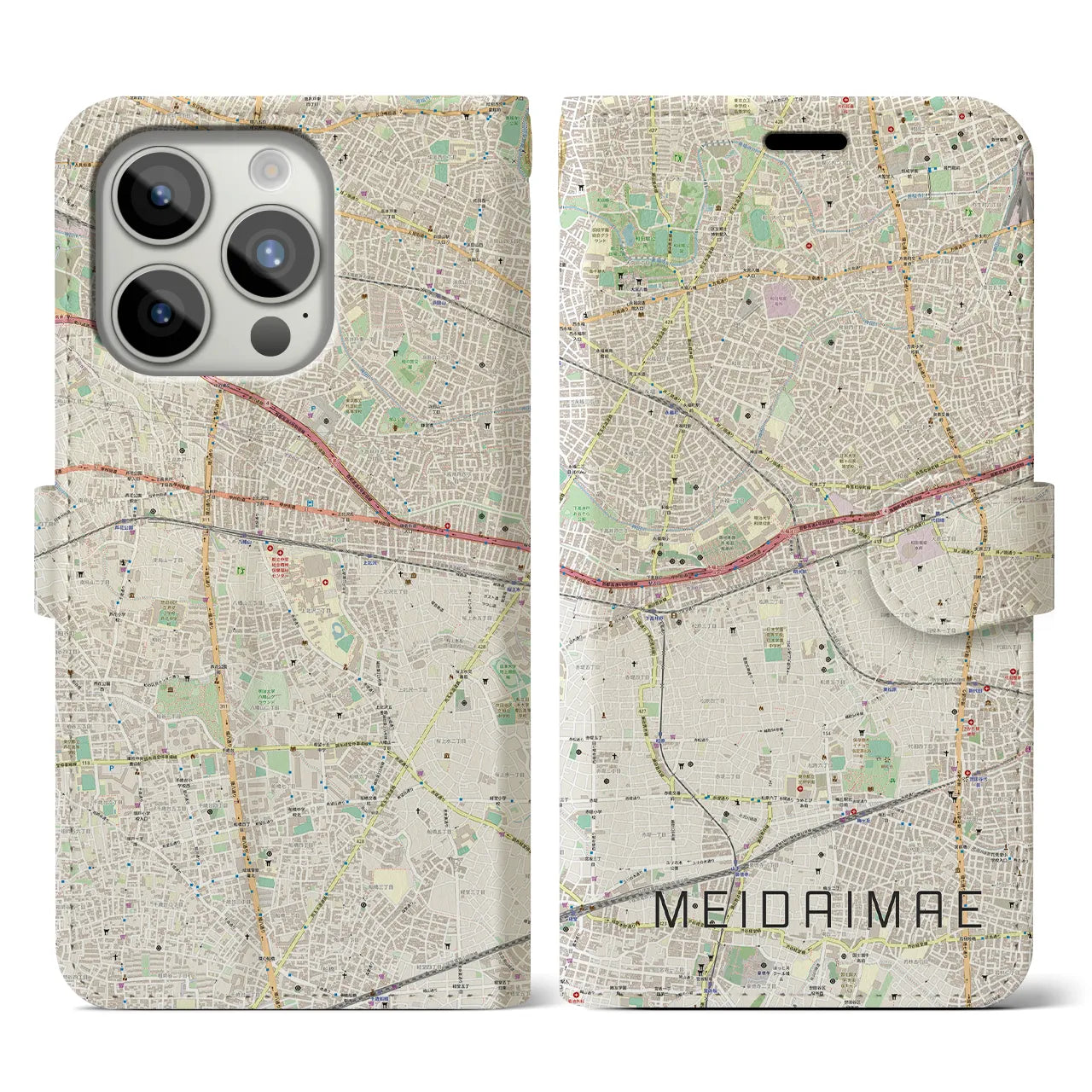 【明大前(東京都)】地図柄iPhoneケース(手帳タイプ)ナチュラル・iPhone 15 Pro 用