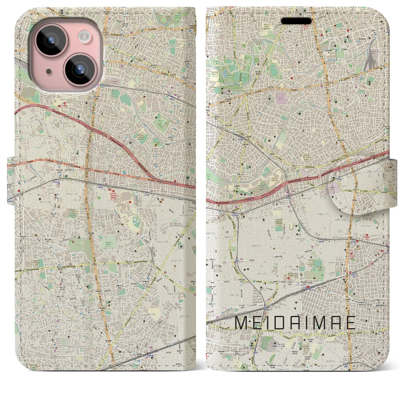 【明大前(東京都)】地図柄iPhoneケース(手帳タイプ)ナチュラル・iPhone 15 Plus 用