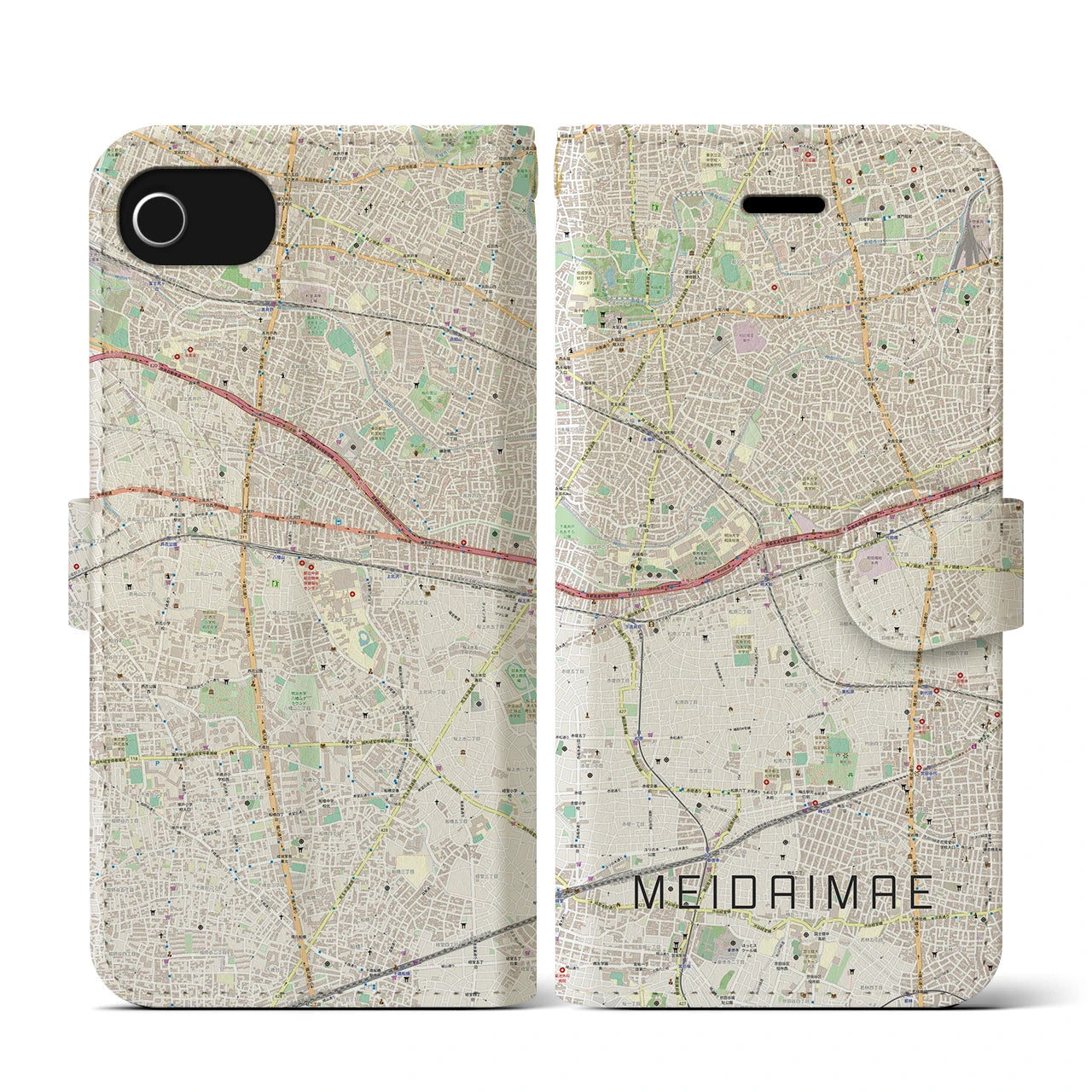 【明大前(東京都)】地図柄iPhoneケース(手帳タイプ)ナチュラル・iPhone SE(第3 / 第2世代) / 8 / 7 / 6s / 6 用
