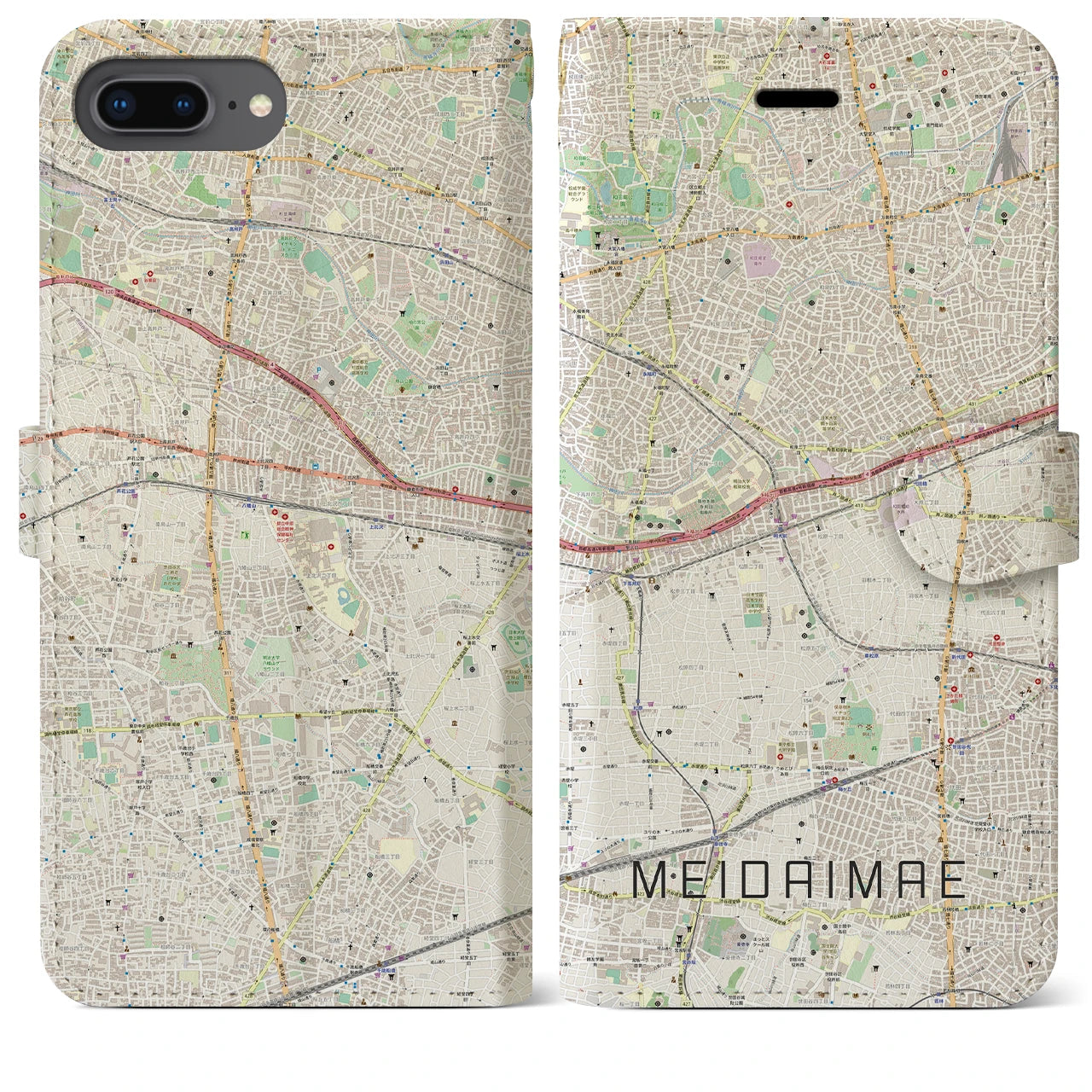 【明大前(東京都)】地図柄iPhoneケース(手帳タイプ)ナチュラル・iPhone 8Plus /7Plus / 6sPlus / 6Plus 用