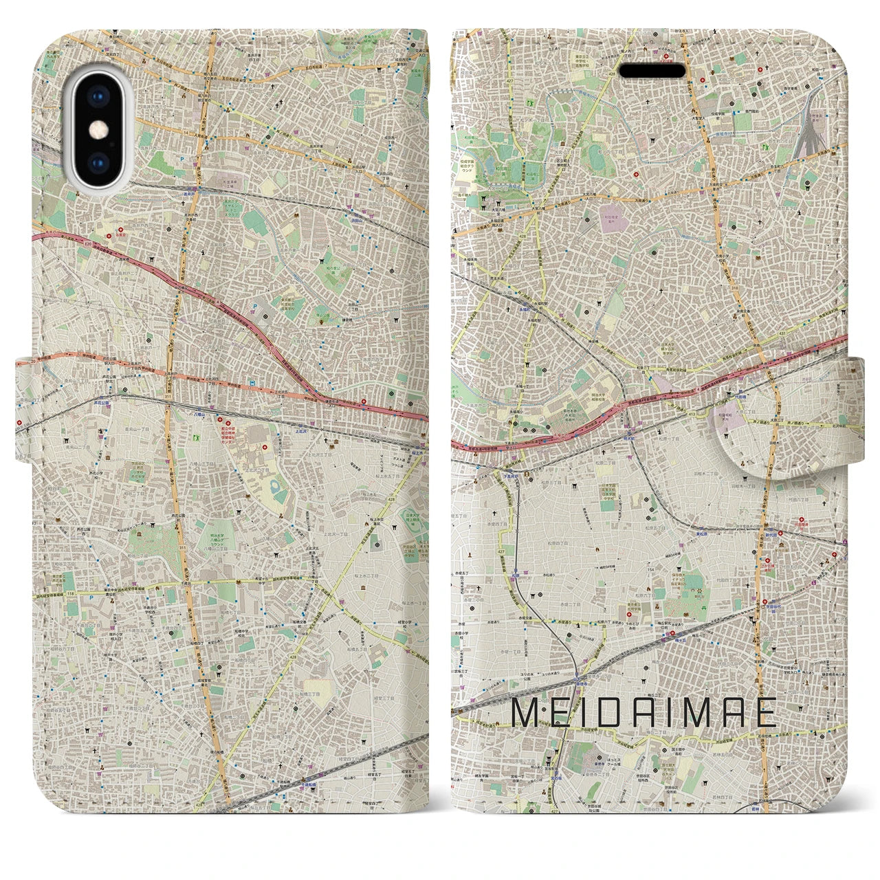 【明大前(東京都)】地図柄iPhoneケース(手帳タイプ)ナチュラル・iPhone XS Max 用