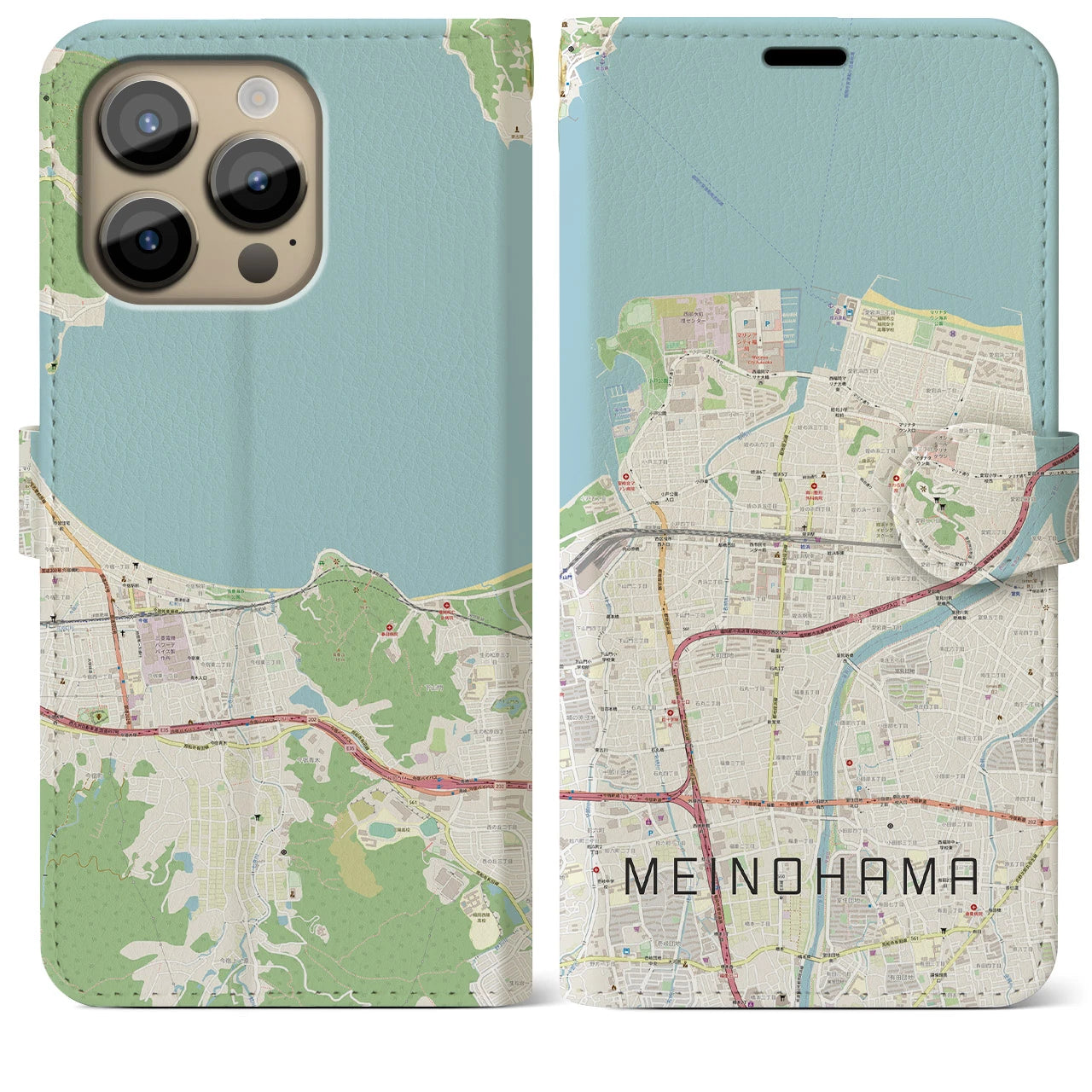 【姪浜(福岡県)】地図柄iPhoneケース(手帳タイプ)ナチュラル・iPhone 14 Pro Max 用