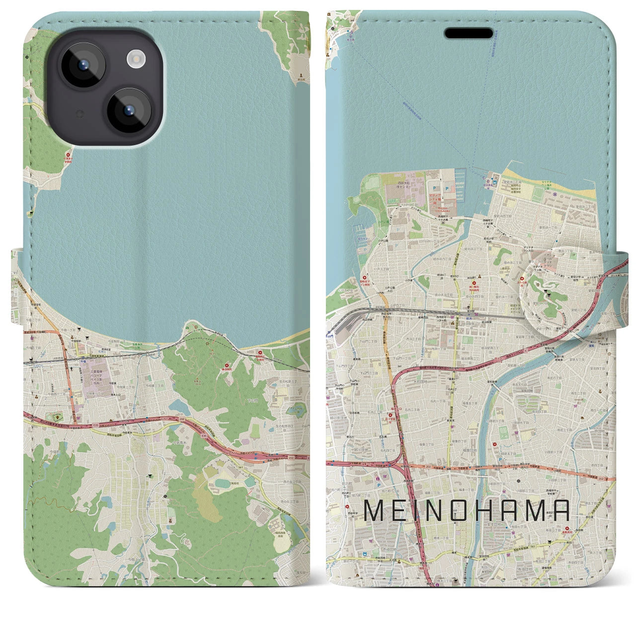 【姪浜(福岡県)】地図柄iPhoneケース(手帳タイプ)ナチュラル・iPhone 14 Plus 用
