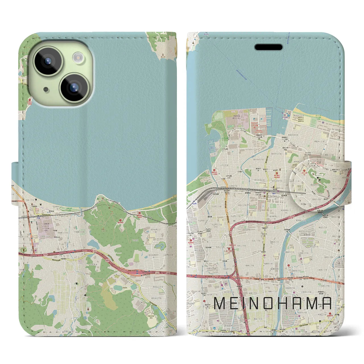 【姪浜(福岡県)】地図柄iPhoneケース(手帳タイプ)ナチュラル・iPhone 15 用