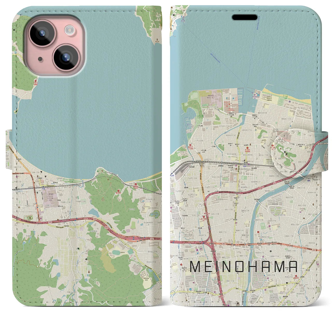 【姪浜(福岡県)】地図柄iPhoneケース(手帳タイプ)ナチュラル・iPhone 15 Plus 用