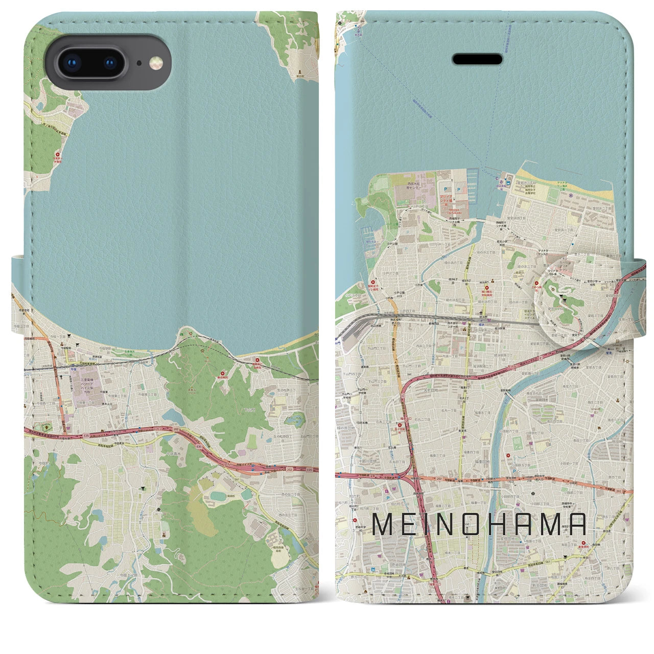 【姪浜(福岡県)】地図柄iPhoneケース(手帳タイプ)ナチュラル・iPhone 8Plus /7Plus / 6sPlus / 6Plus 用